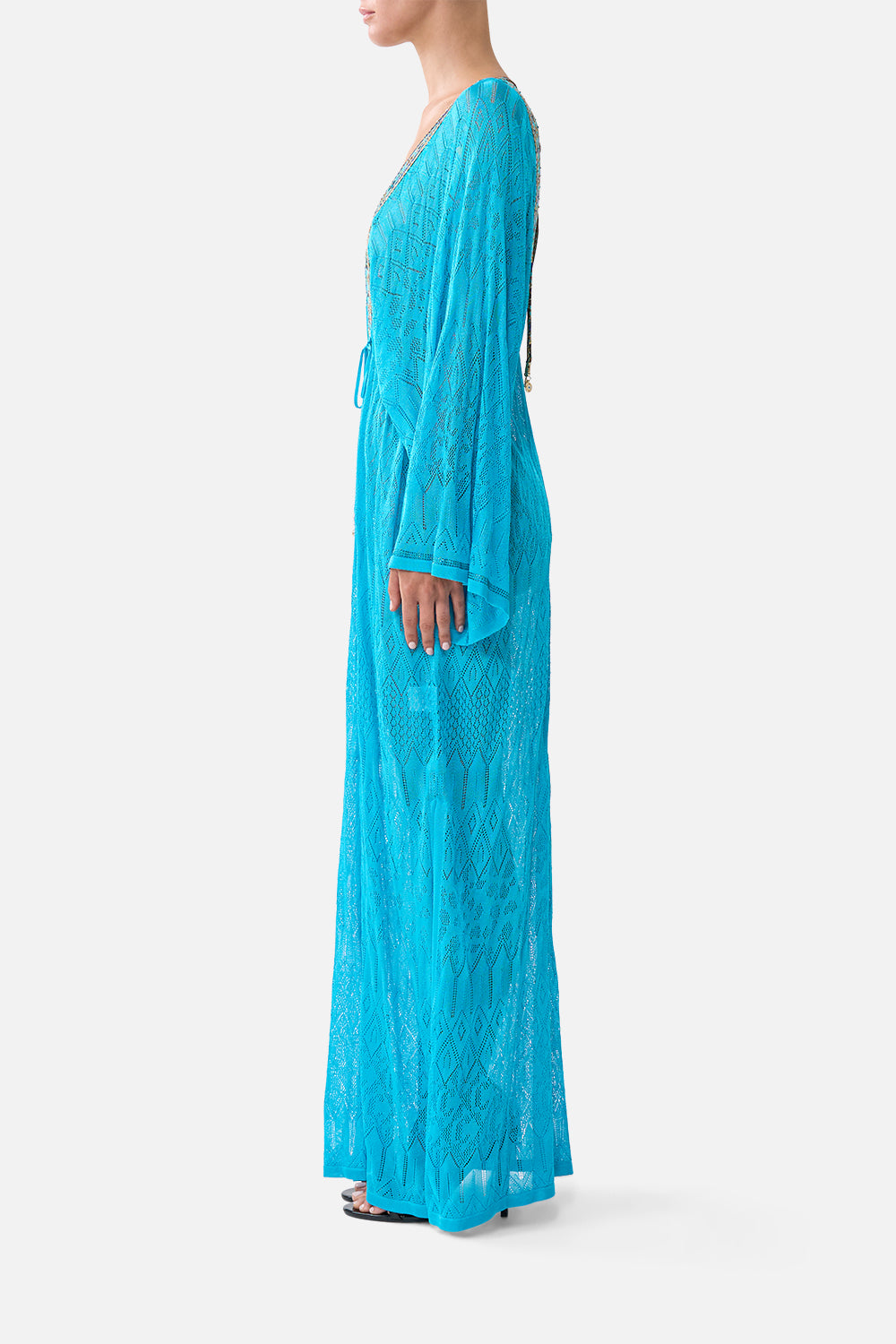 The CAMILLA KNIT KAFTAN WITH SILK NECKLINE TOTEMS AND TREASURES in our  print.