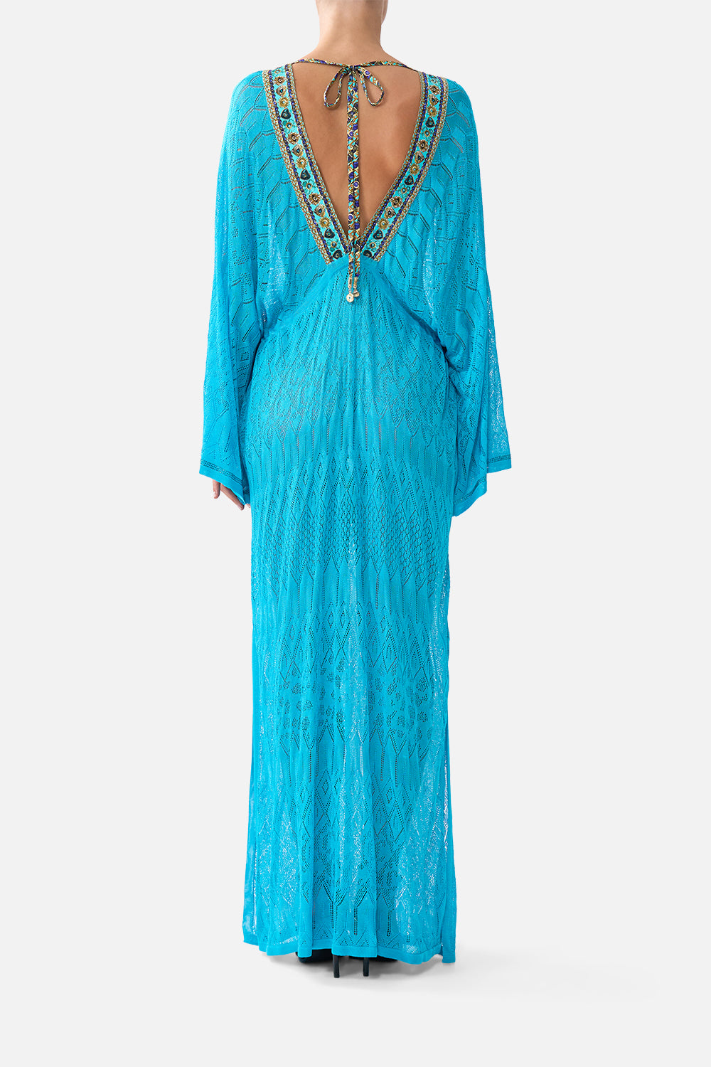 The CAMILLA KNIT KAFTAN WITH SILK NECKLINE TOTEMS AND TREASURES in our  print.