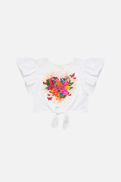 KIDS TIE FRONT CROP TEE WITH FRILL SLEEVE ILLUSTRATION NATION