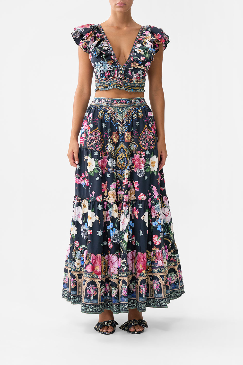 DEEP V FRILL SHORT SLEEVE TOP MIDNIGHT IN MONSERRATE