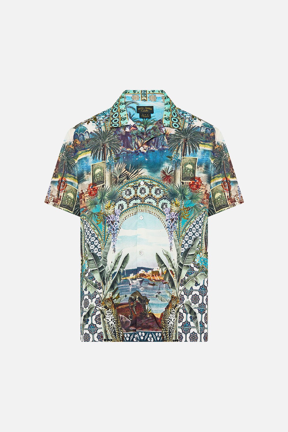 The CAMILLA short sleeve camp collared shirt from our print postcards & palm trees, front product view