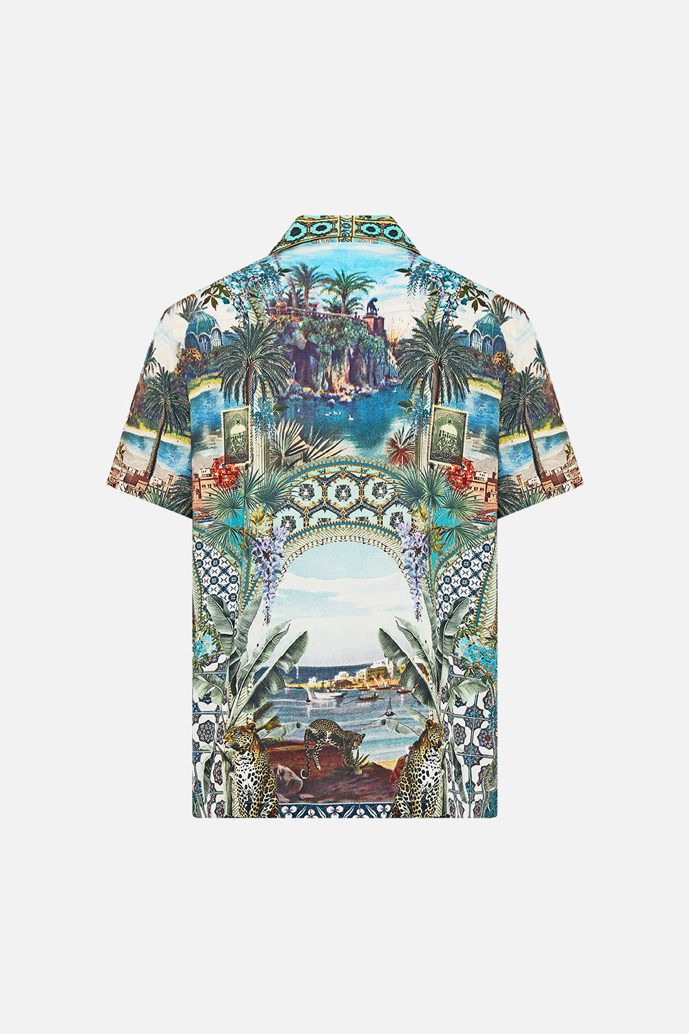 The CAMILLA short sleeve camp collared shirt from our print postcards & palm trees, back product view