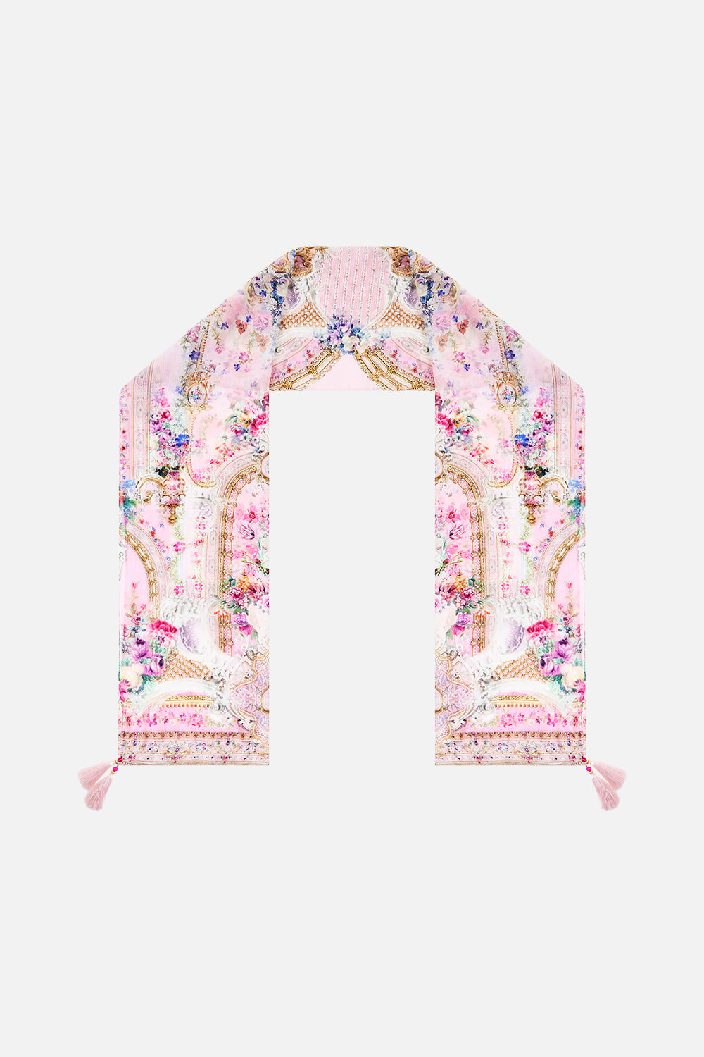 The CAMILLA LONG SILK CRINKLE CHIFFON SCARF PALATIAL PASTELS in our PALATIAL PASTELS print.