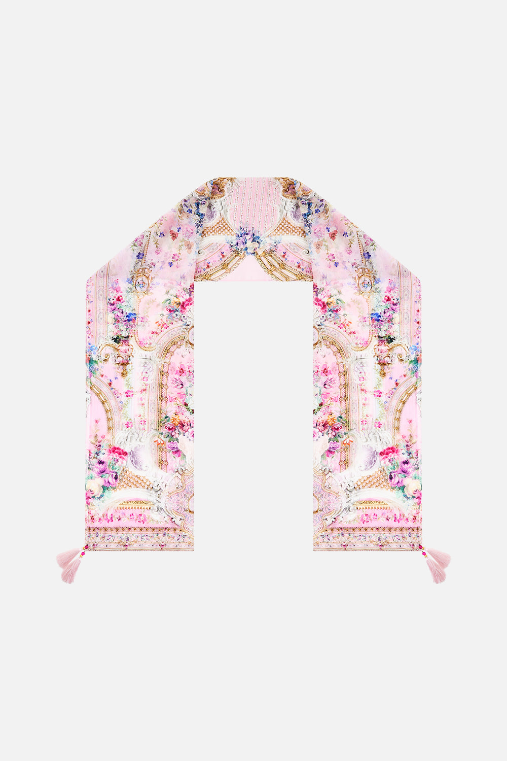 The CAMILLA long silk crinkle chiffon scarf from our print palatial pastels, front product view