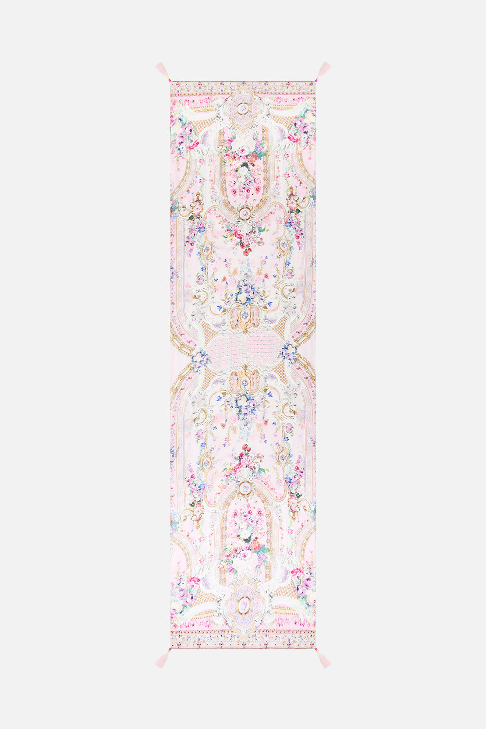 The CAMILLA LONG SILK CRINKLE CHIFFON SCARF PALATIAL PASTELS in our  print.