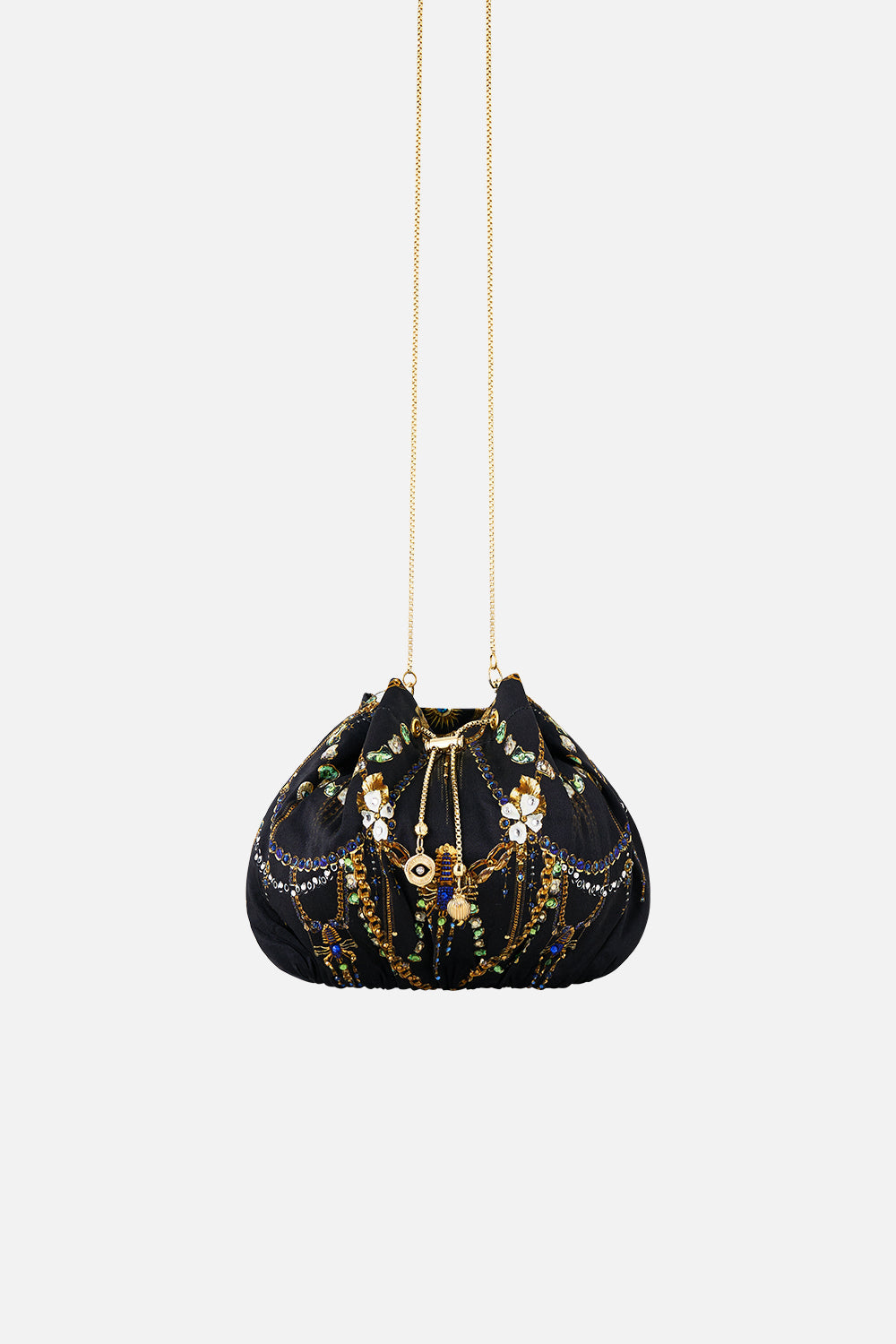 DRAWSTRING POUCH BAG WITH CHAIN STRAP AMULETS AND ALCHEMY
