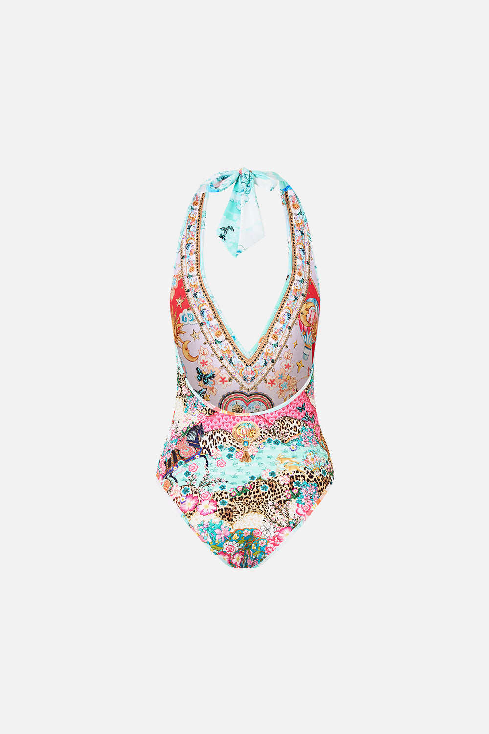 The CAMILLA reversible bind edge v neck halter one piece from our print miniature moments, back product view