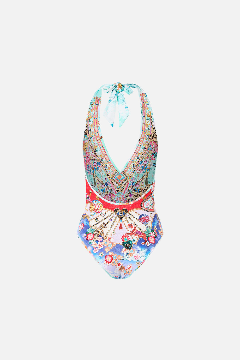 The CAMILLA reversible bind edge v neck halter one piece from our print miniature moments
