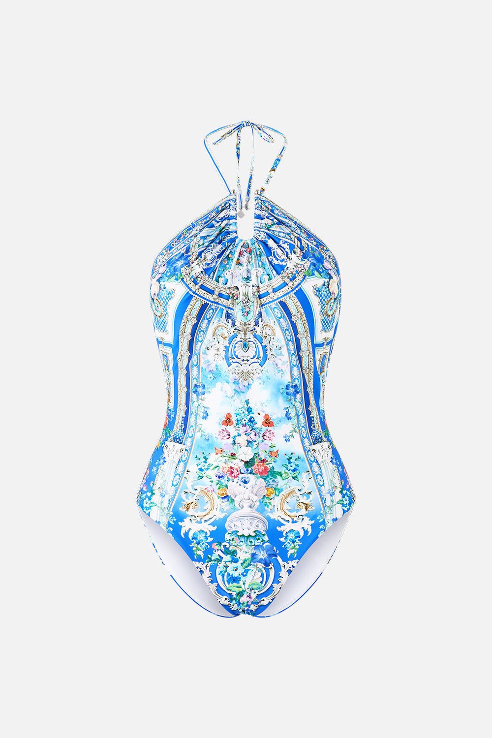 The CAMILLA DIAMOND NECK HALTER ONE PIECE WITH U RING FRONT OTTOMAN OPULENCE in our  print.