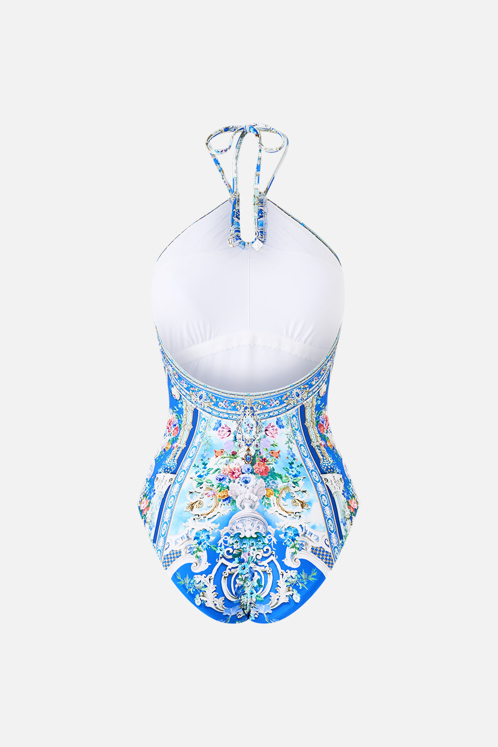 The CAMILLA DIAMOND NECK HALTER ONE PIECE WITH U RING FRONT OTTOMAN OPULENCE in our  print.