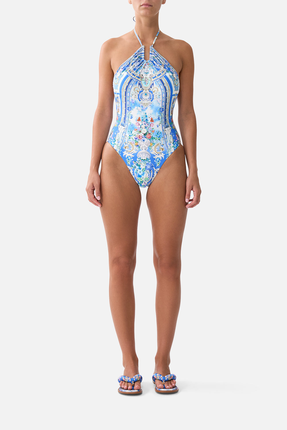 The CAMILLA DIAMOND NECK HALTER ONE PIECE WITH U RING FRONT OTTOMAN OPULENCE in our OTTOMAN OPULENCE print.