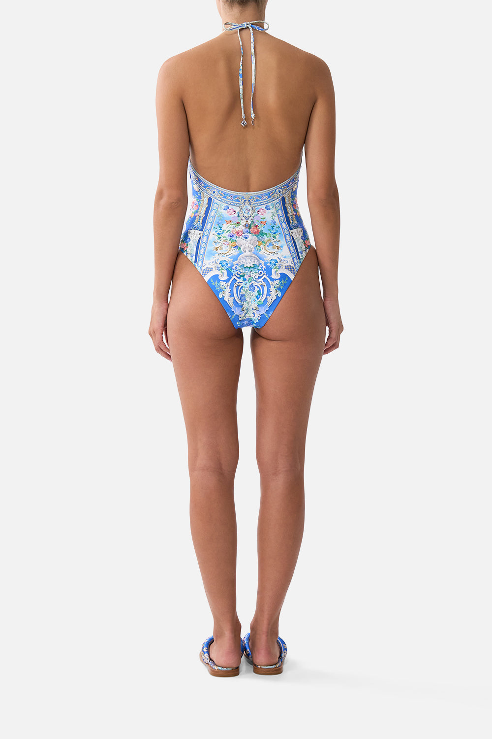 The CAMILLA DIAMOND NECK HALTER ONE PIECE WITH U RING FRONT OTTOMAN OPULENCE in our  print.