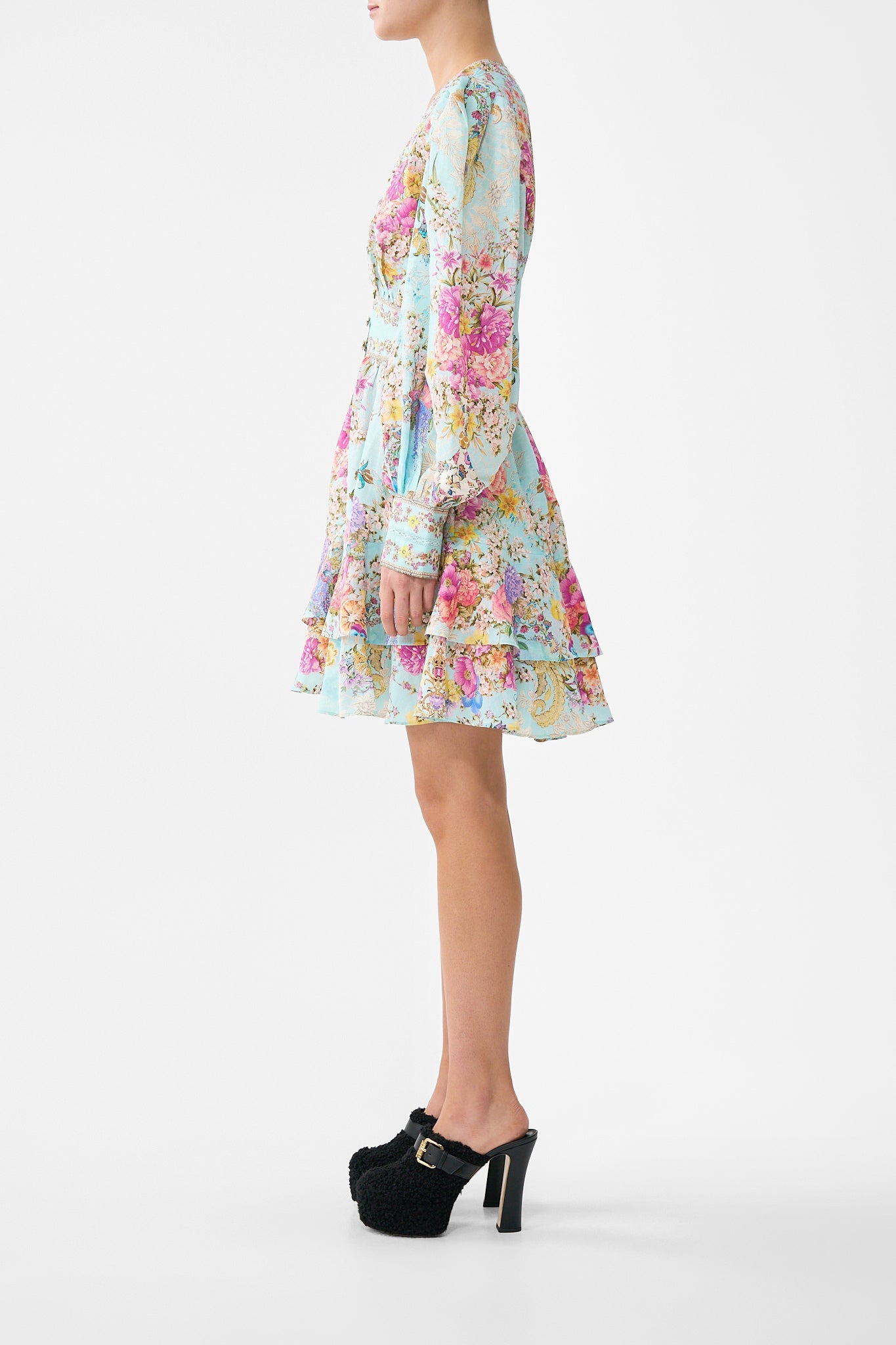 The CAMILLA BUTTON FRONT FRILL DRESS BAZAAR BLOOMS in our  print.