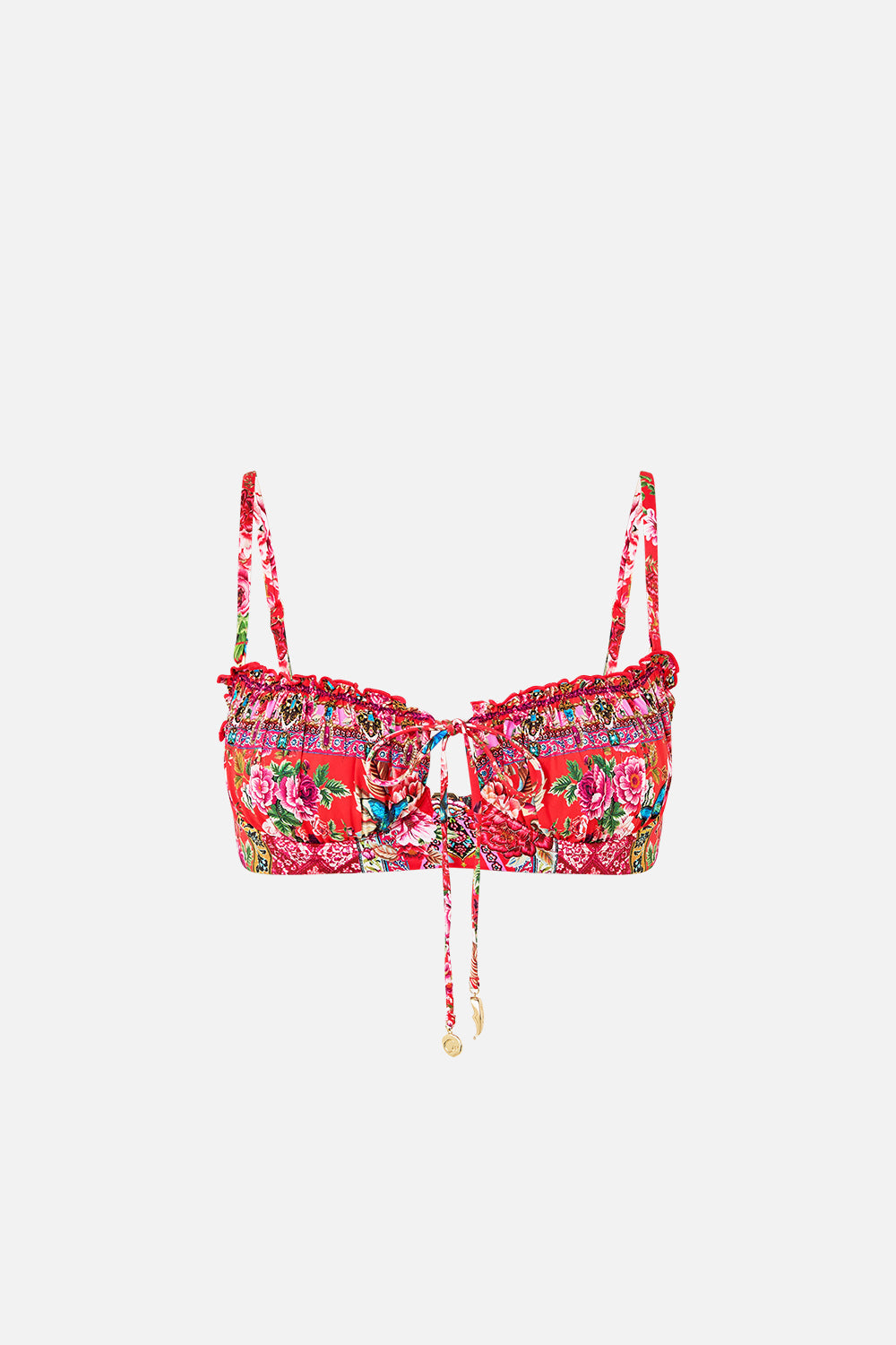 The CAMILLA RUCHED CUP UNDERWIRE BIKINI TOP WITH FRONT TIE HEIRLOOM EMPIRE in our  print.