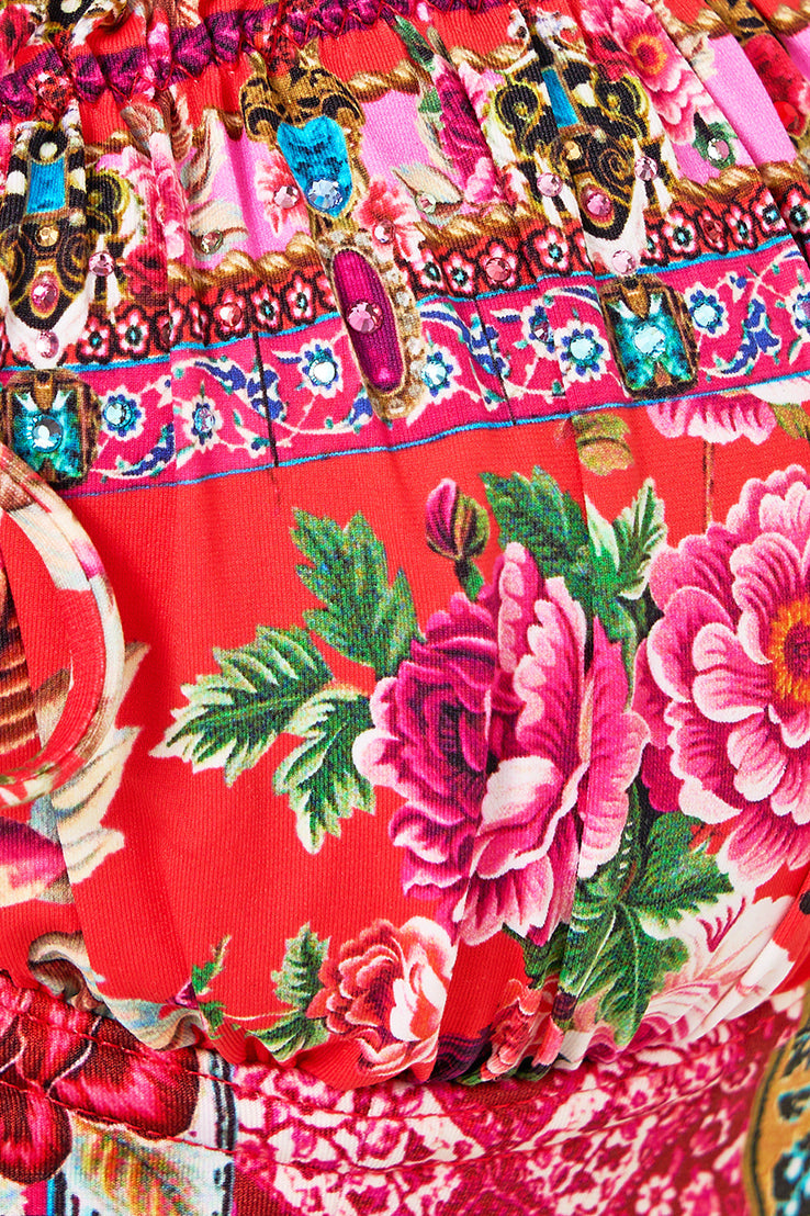 The CAMILLA RUCHED CUP UNDERWIRE BIKINI TOP WITH FRONT TIE HEIRLOOM EMPIRE in our  print.