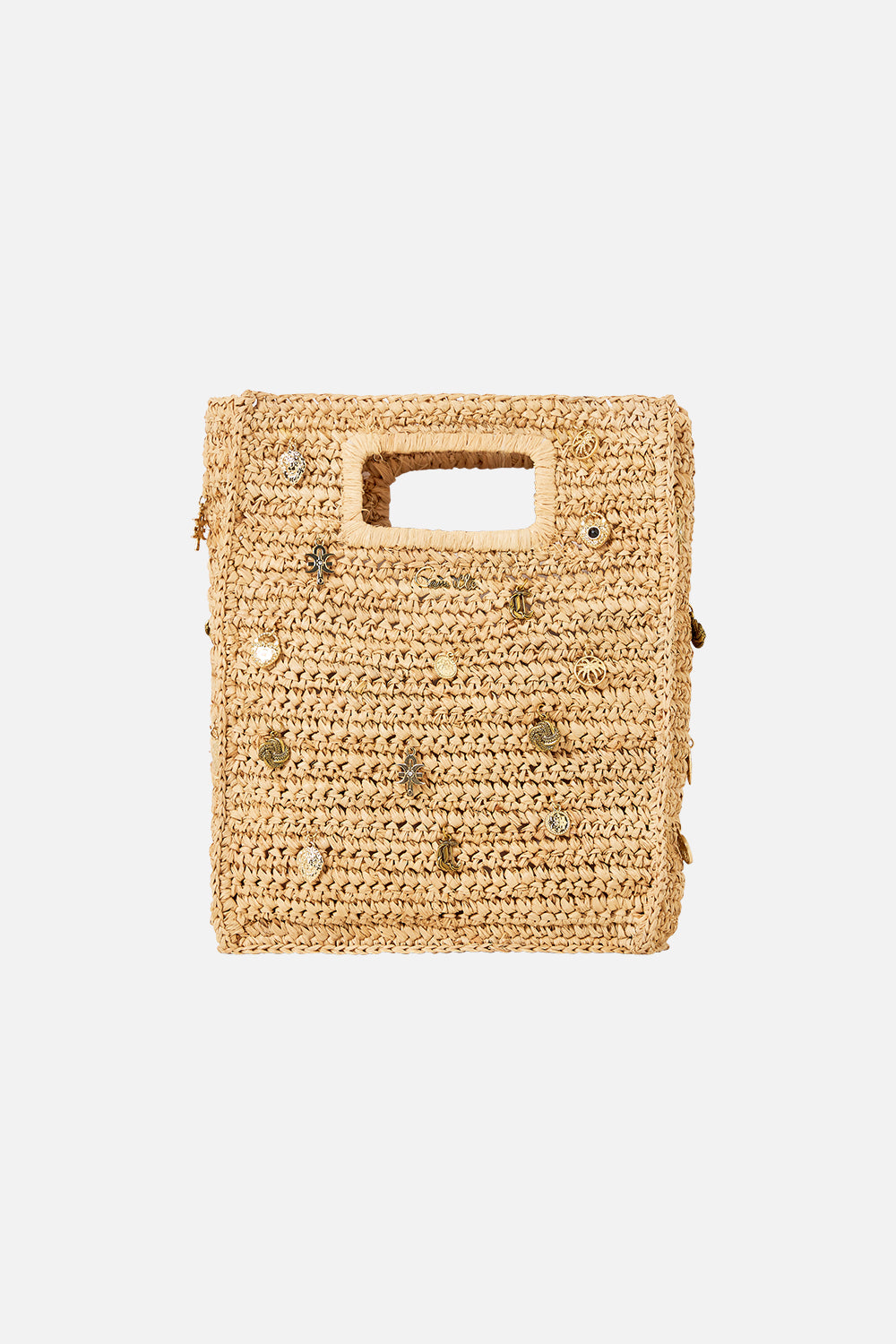 BOLSO TOTE MINI DE RAFIA VERTICAL CON APLIQUES NATURAL