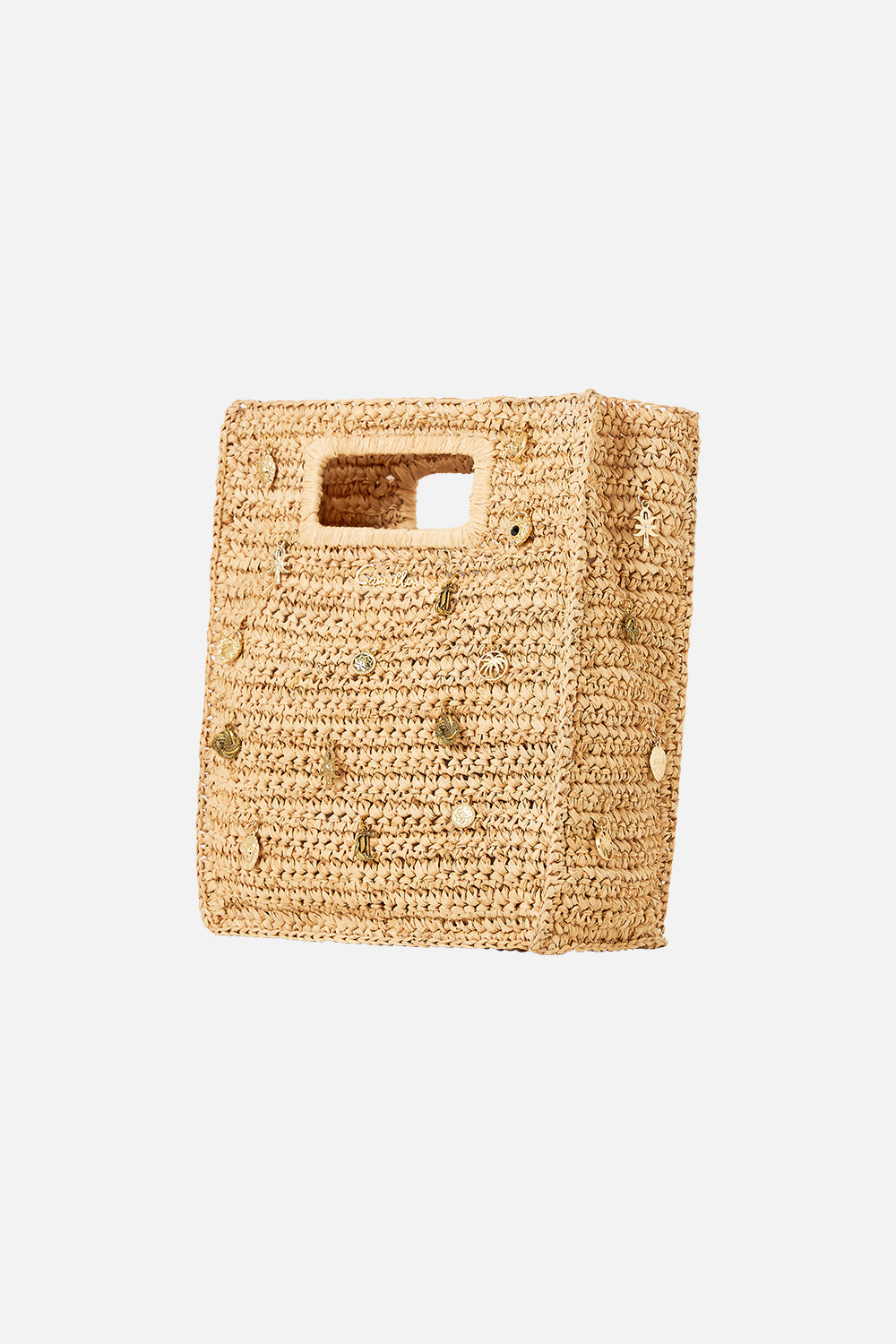 BOLSO TOTE MINI DE RAFIA VERTICAL CON APLIQUES NATURAL