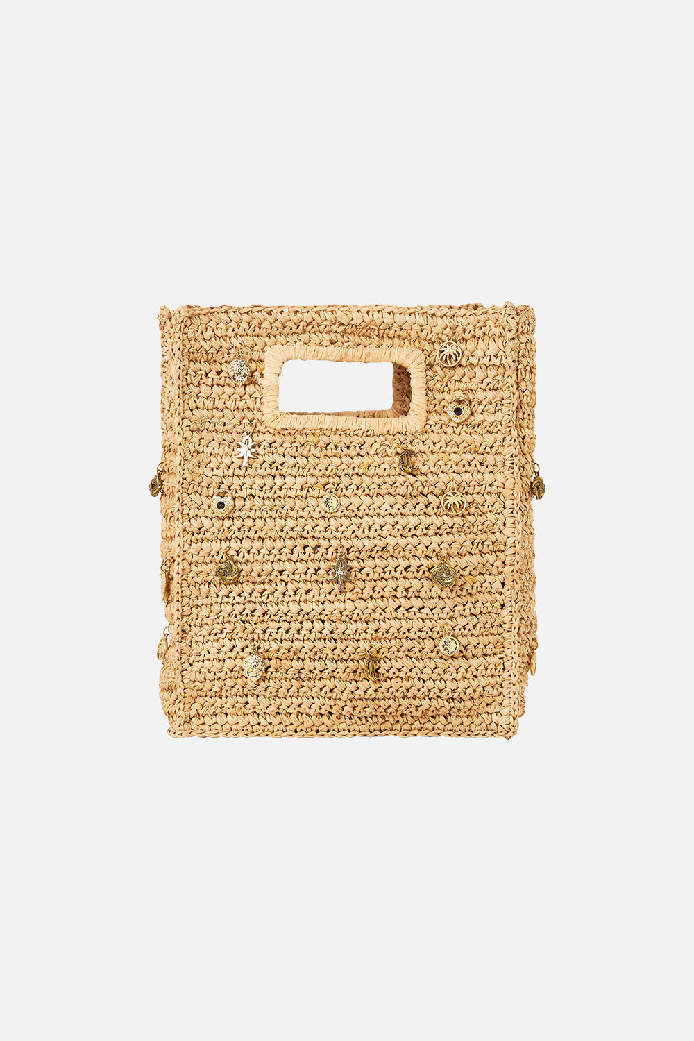 BOLSO TOTE MINI DE RAFIA VERTICAL CON APLIQUES NATURAL