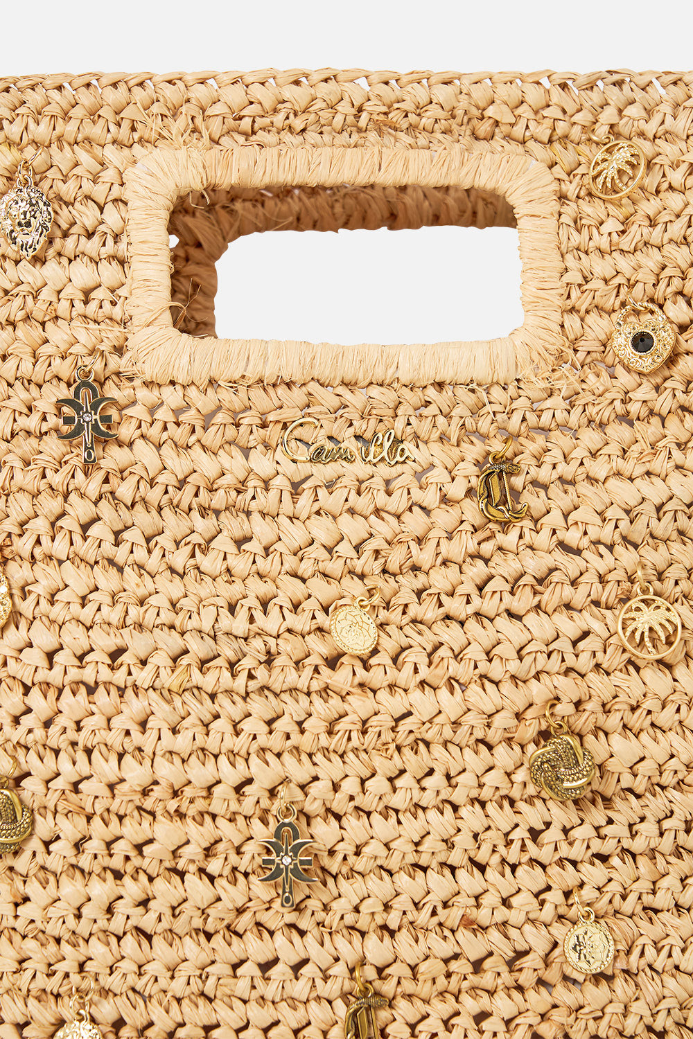 BOLSO TOTE MINI DE RAFIA VERTICAL CON APLIQUES NATURAL