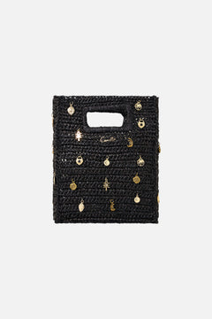 RAFFIA MINI NORTH SOUTH TOTE WITH CHARMS SOLID BLACK