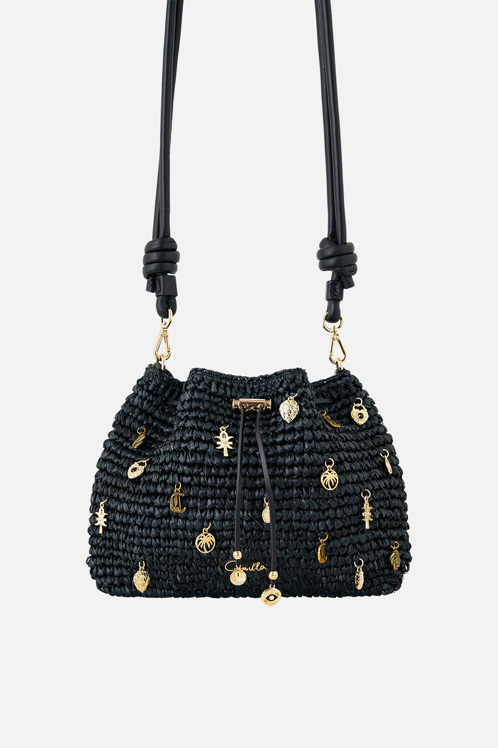 BOLSO SAQUITO DE RAFIA CON ABALORIOS NEGRO LISO