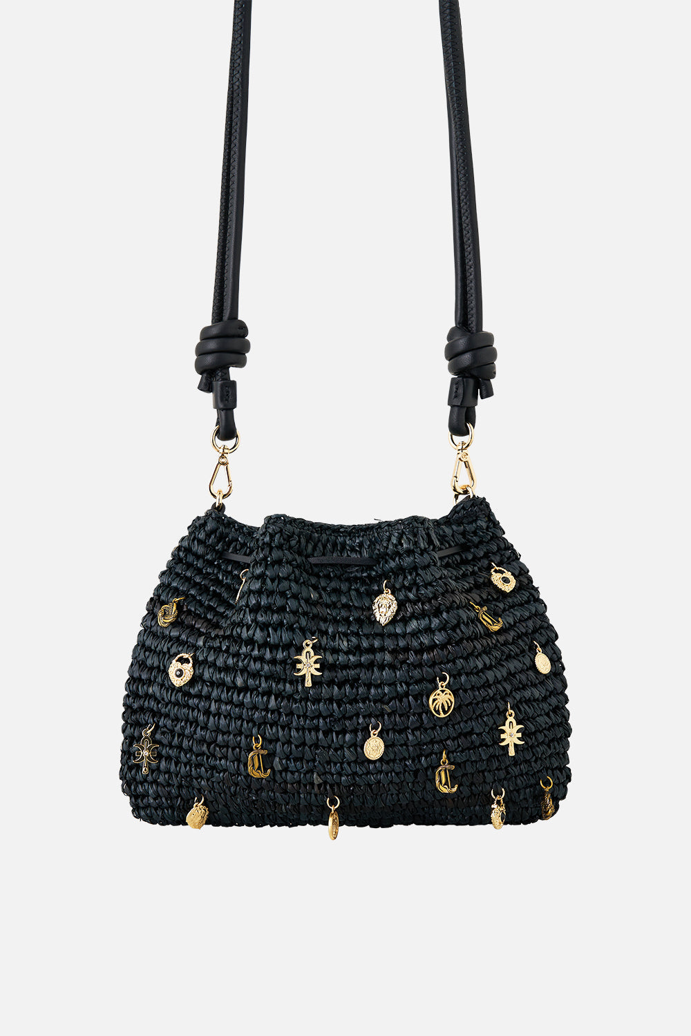 BOLSO SAQUITO DE RAFIA CON ABALORIOS NEGRO LISO