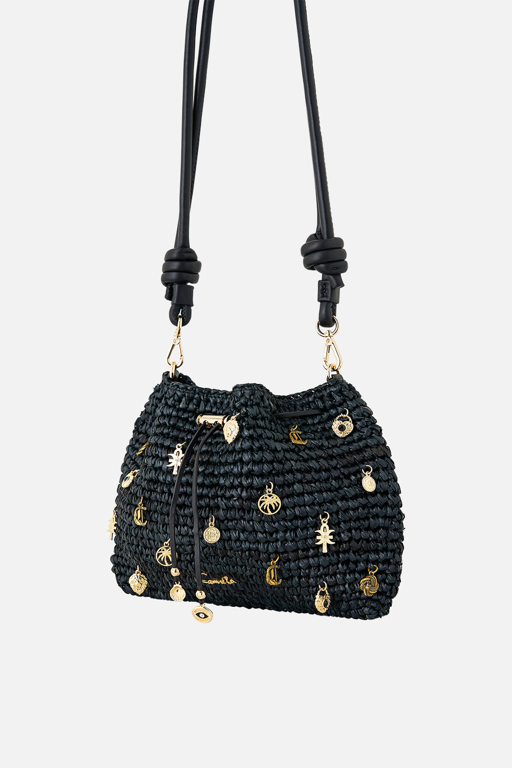 BOLSO SAQUITO DE RAFIA CON ABALORIOS NEGRO LISO