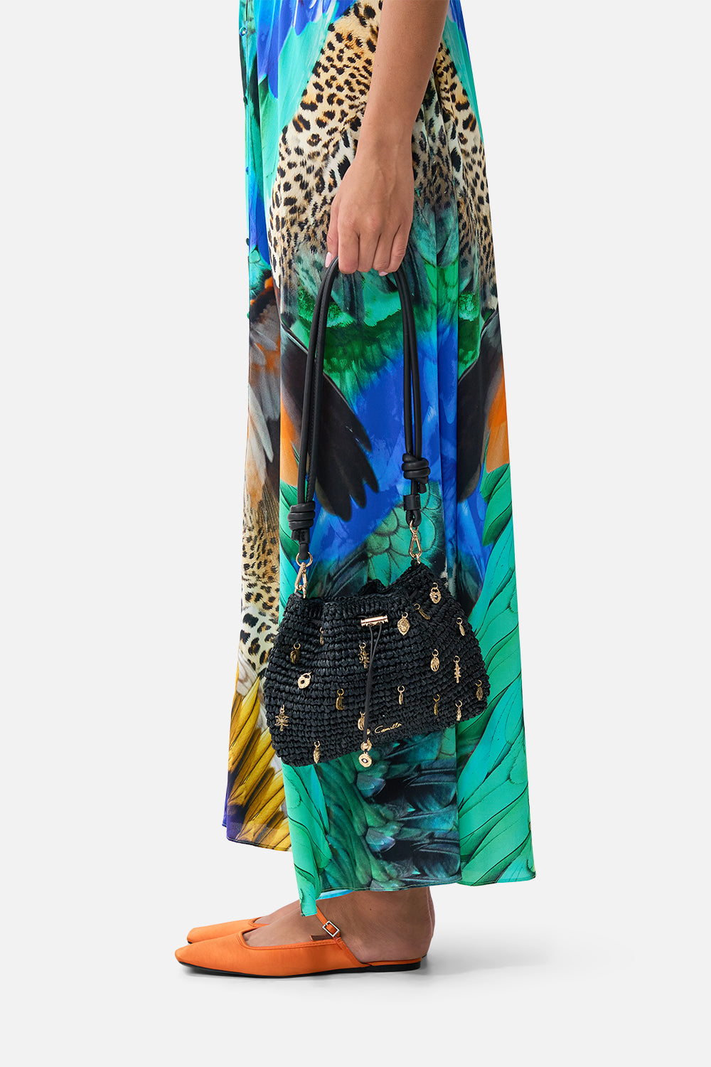 RAFFIA POUCH BAG WITH CHARMS SOLID BLACK