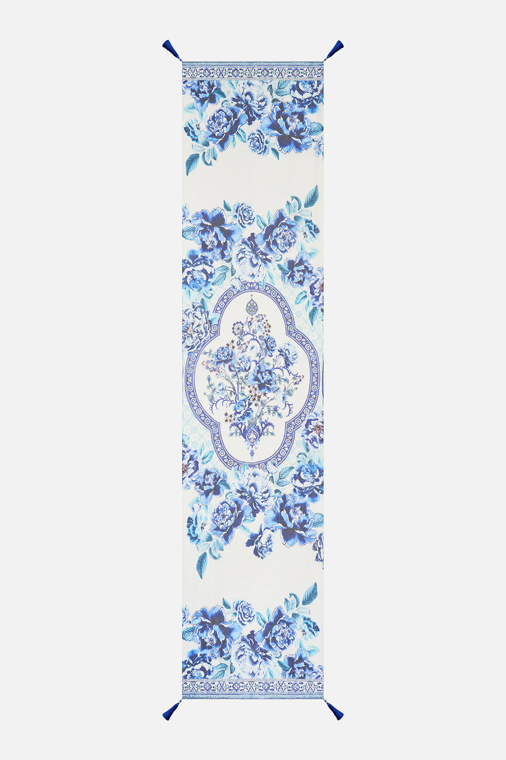 The CAMILLA LONG SILK CRINKLE CHIFFON SCARF A CERAMIC GARDEN in our  print.