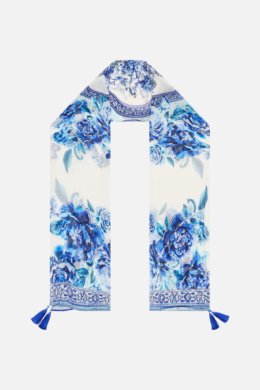 The CAMILLA LONG SILK CRINKLE CHIFFON SCARF A CERAMIC GARDEN in our A CERAMIC GARDEN print.