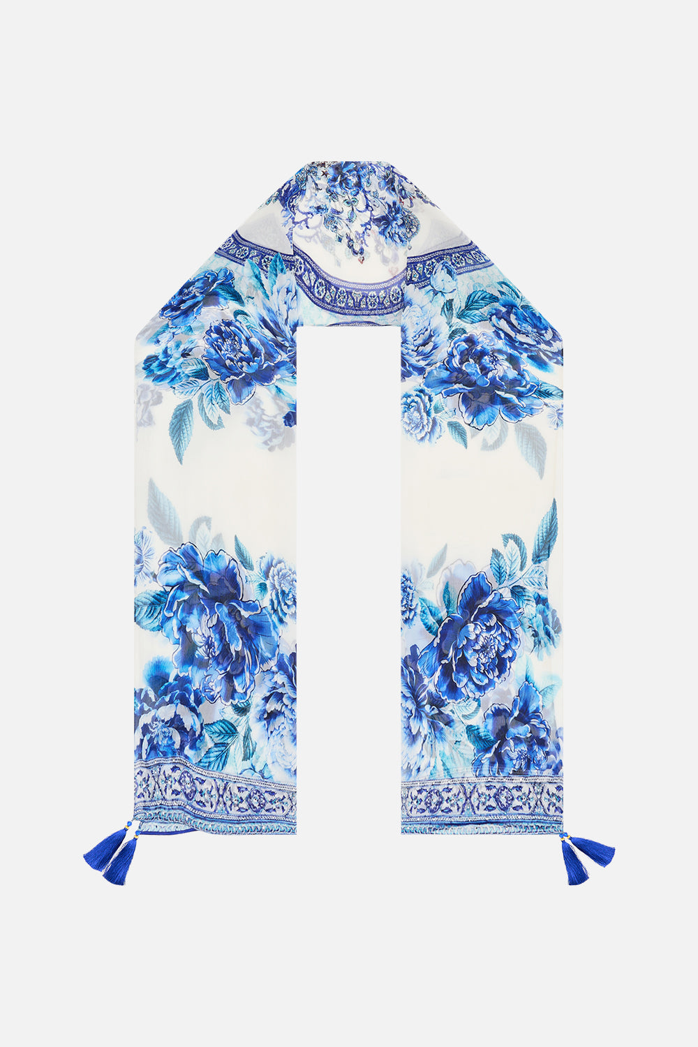 The CAMILLA long silk crinkle chiffon scarf from our print a ceramic garden, back product view
