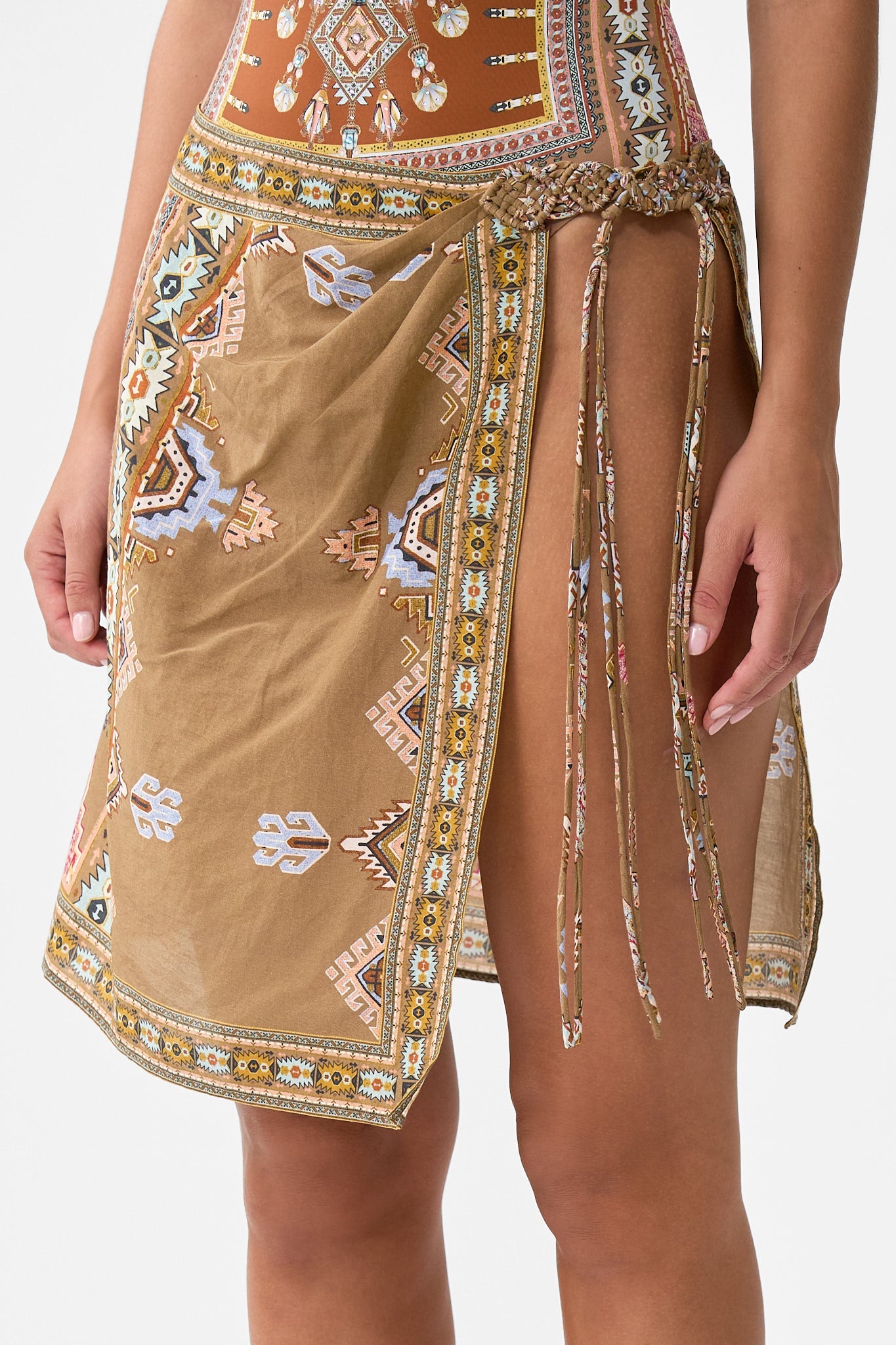 Fabric Of Time Woven Short Sarong With Macrame Tie Waist | CAMILLA