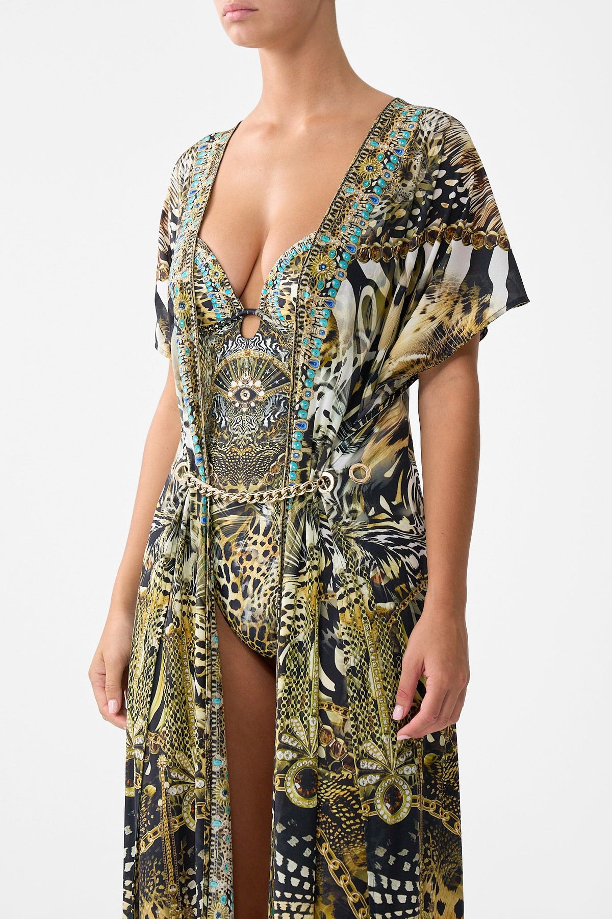 The CAMILLA front split beach maxi dress with chain from our print feline folklore