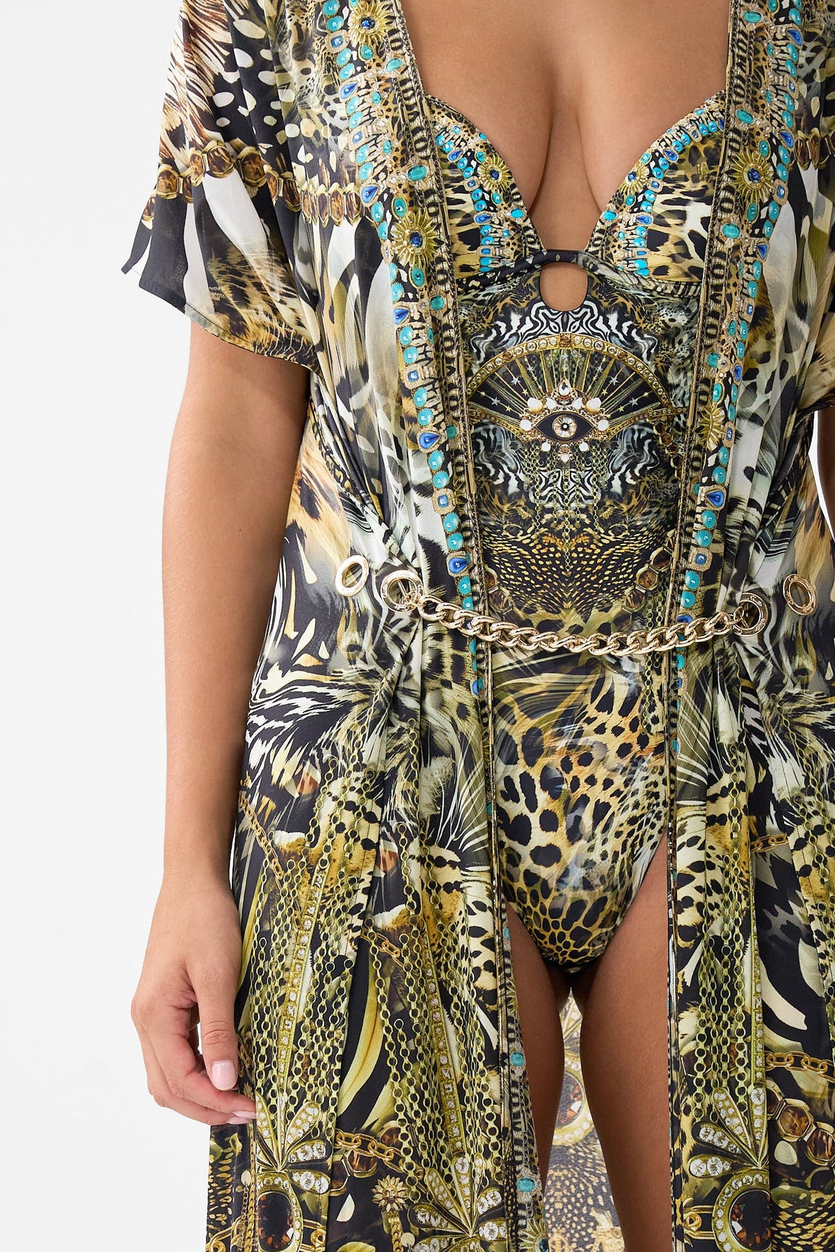 The CAMILLA front split beach maxi dress with chain from our print feline folklore