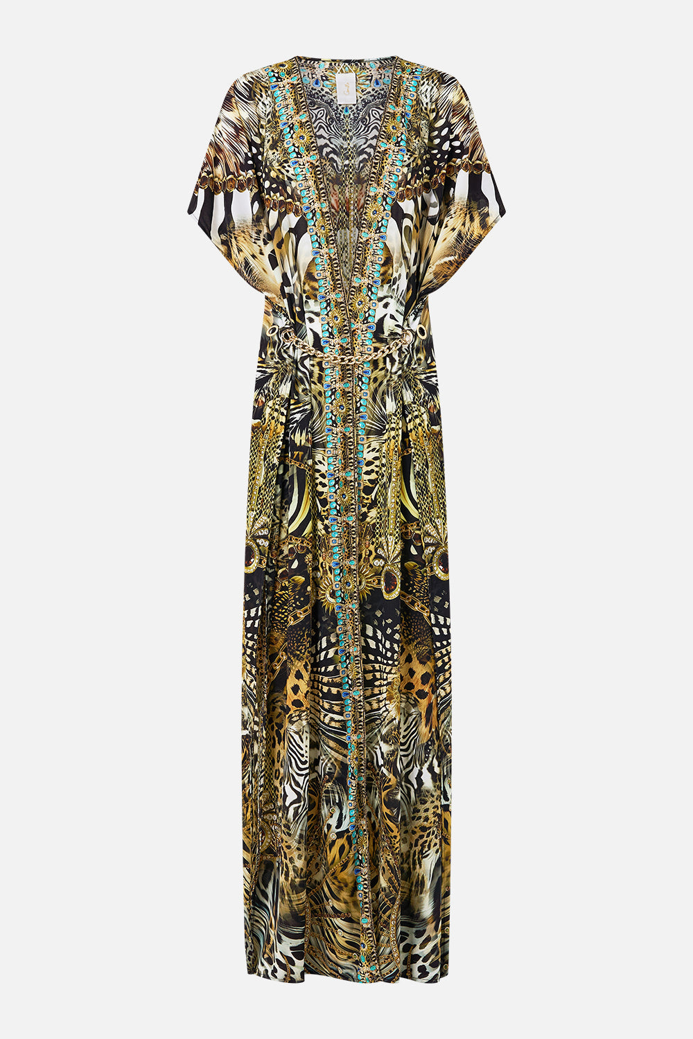 The CAMILLA front split beach maxi dress with chain from our print feline folklore, front product view