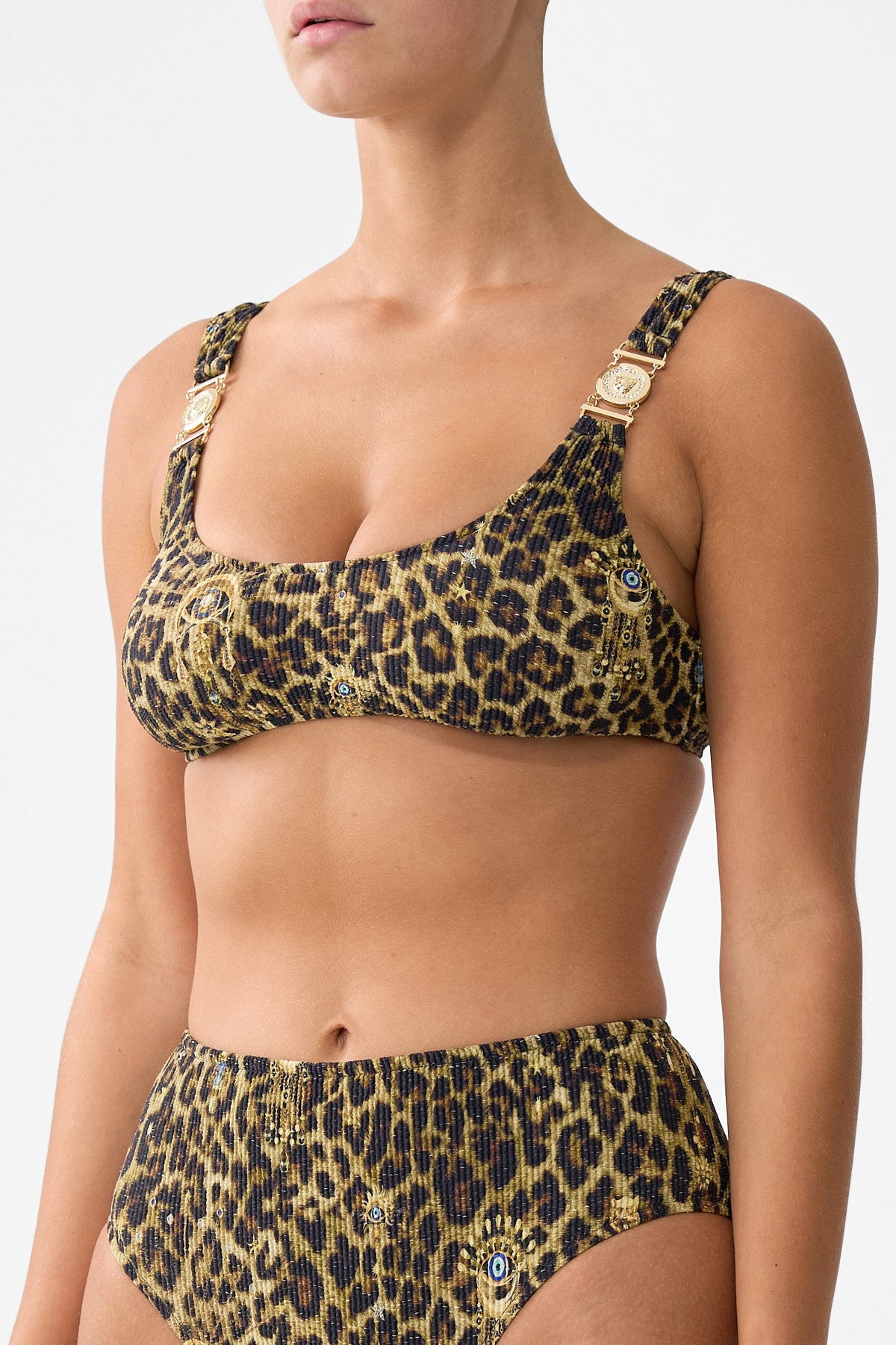 CRINKLE STRETCH CROP BIKINI TOP WITH STRAP TRIMS FELINE FOLKLORE
