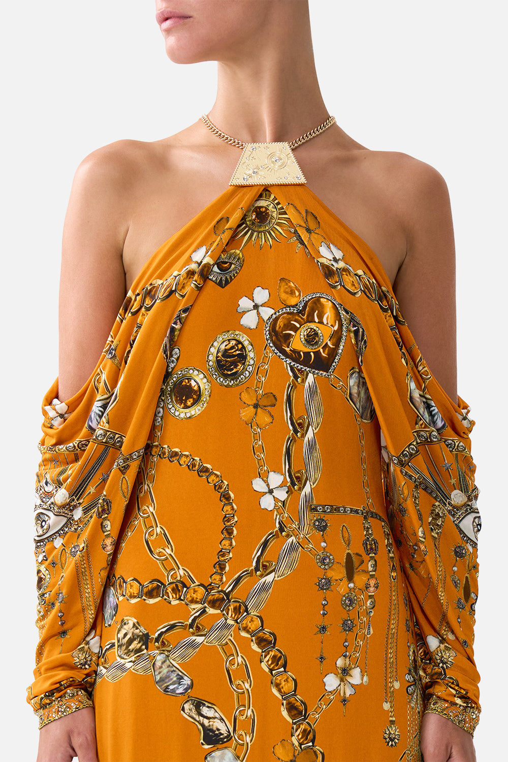 VESTIDO DE MANGA DRAPEADA CON TALISMANES DE METAL DE TURQUÍA