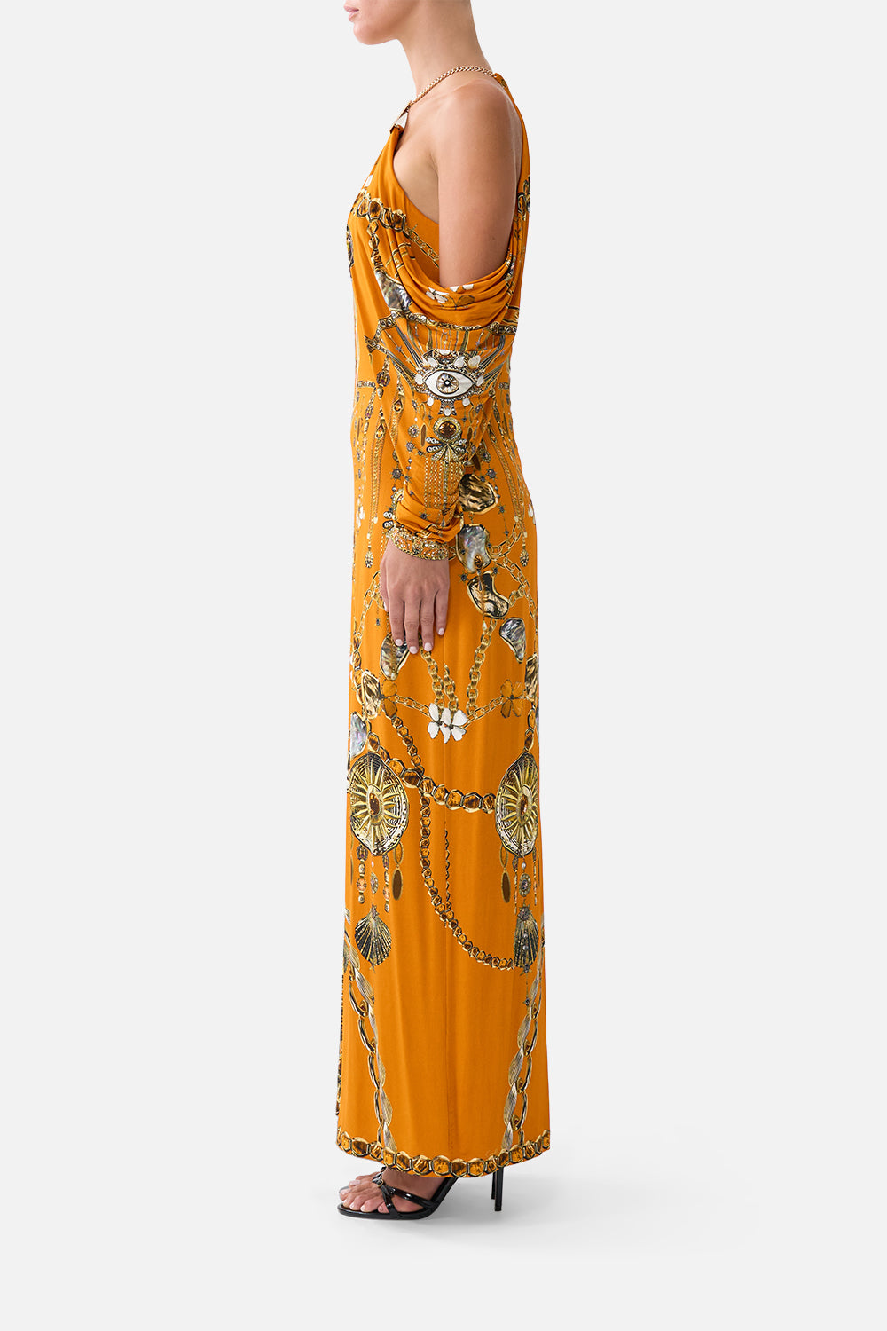 VESTIDO DE MANGA DRAPEADA CON TALISMANES DE METAL DE TURQUÍA