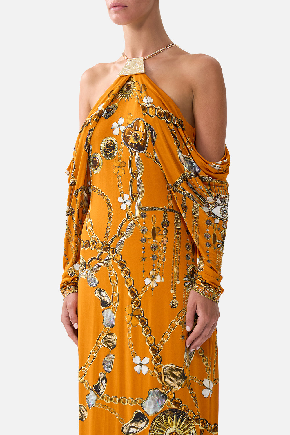 VESTIDO DE MANGA DRAPEADA CON TALISMANES DE METAL DE TURQUÍA