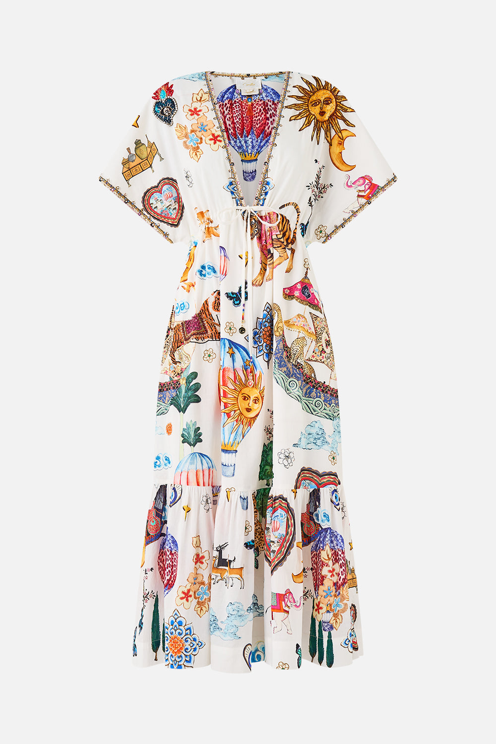 The CAMILLA v neck embroidered midi dress from our print Kapadokya kitsch, front product view