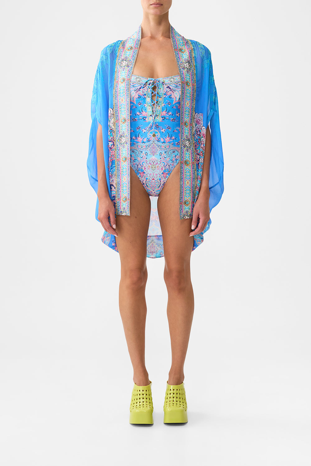 The CAMILLA open front cardi cape from our print footsteps in folklore