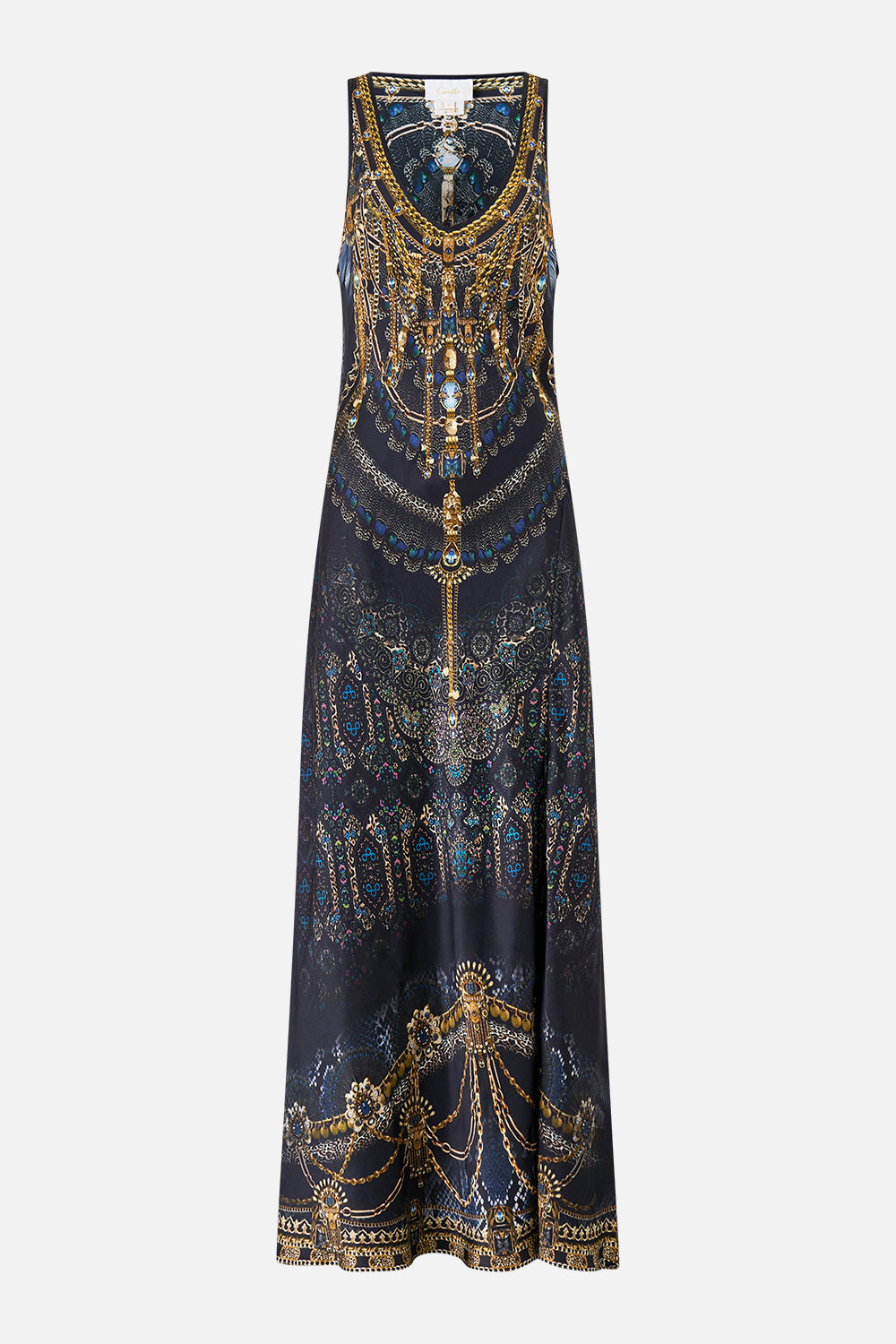 The CAMILLA bias cut tank dress from our print song of the solstice, front product view