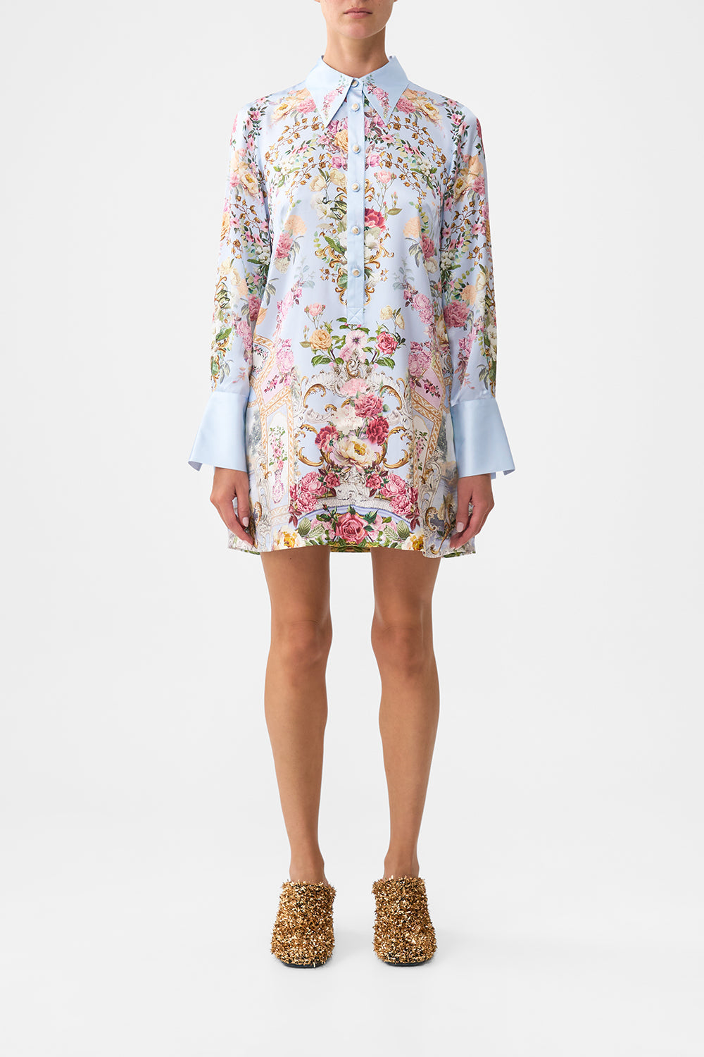 The CAMILLA mini shirt dress from our print tiled in time