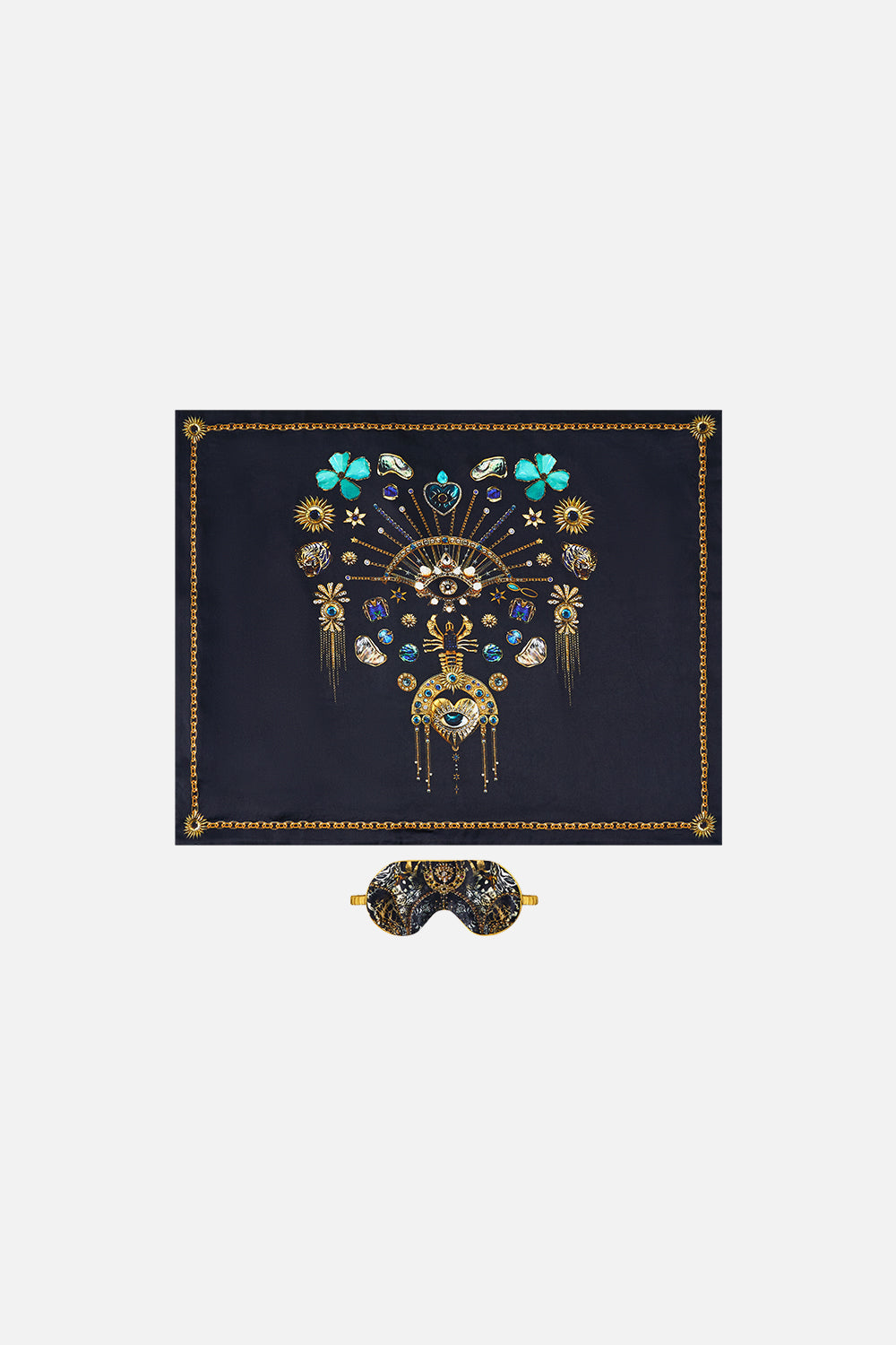 The CAMILLA silk pillowcase and eye mask set from our print feline folklore, front product view
