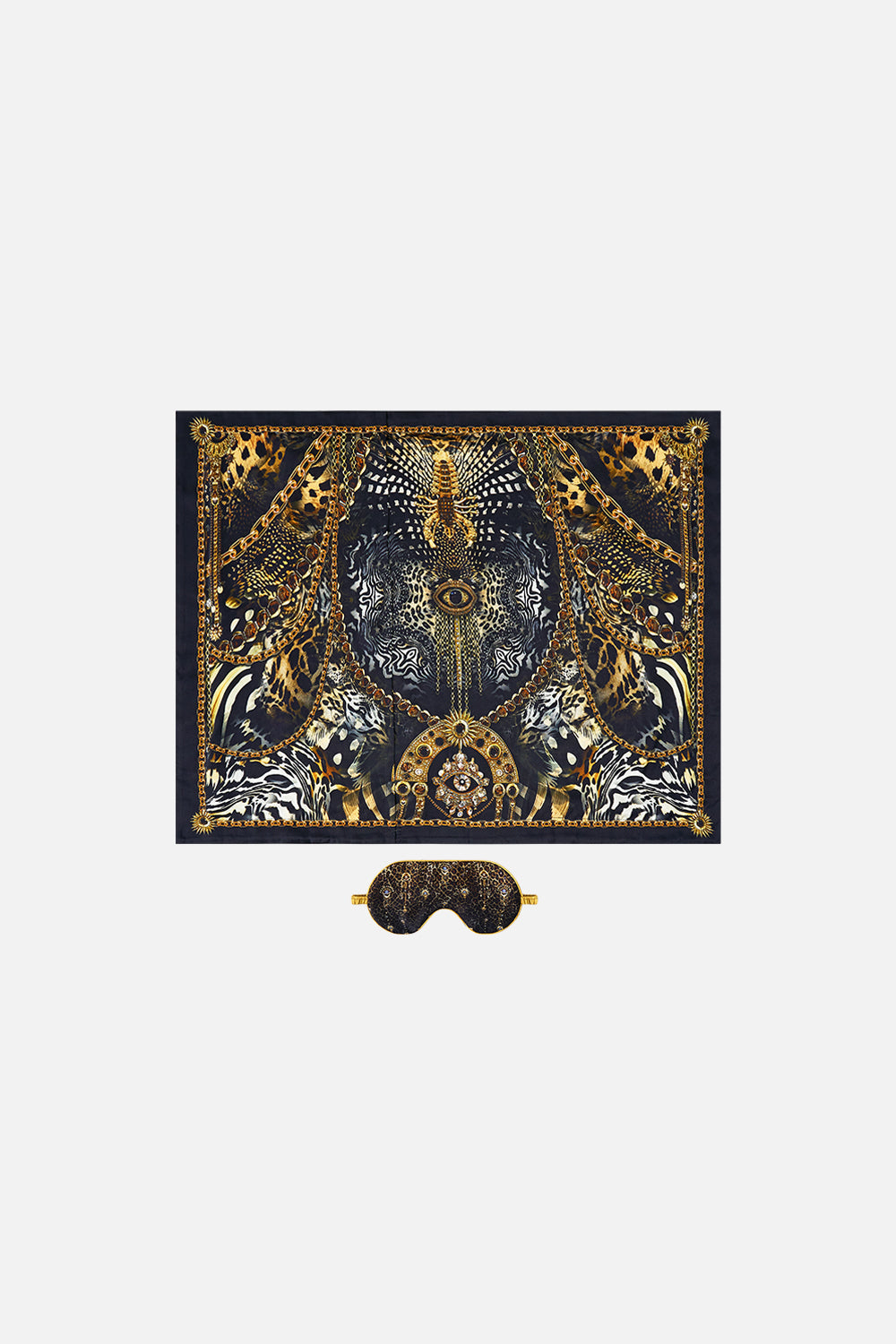 The CAMILLA silk pillowcase and eye mask set from our print feline folklore, back product view