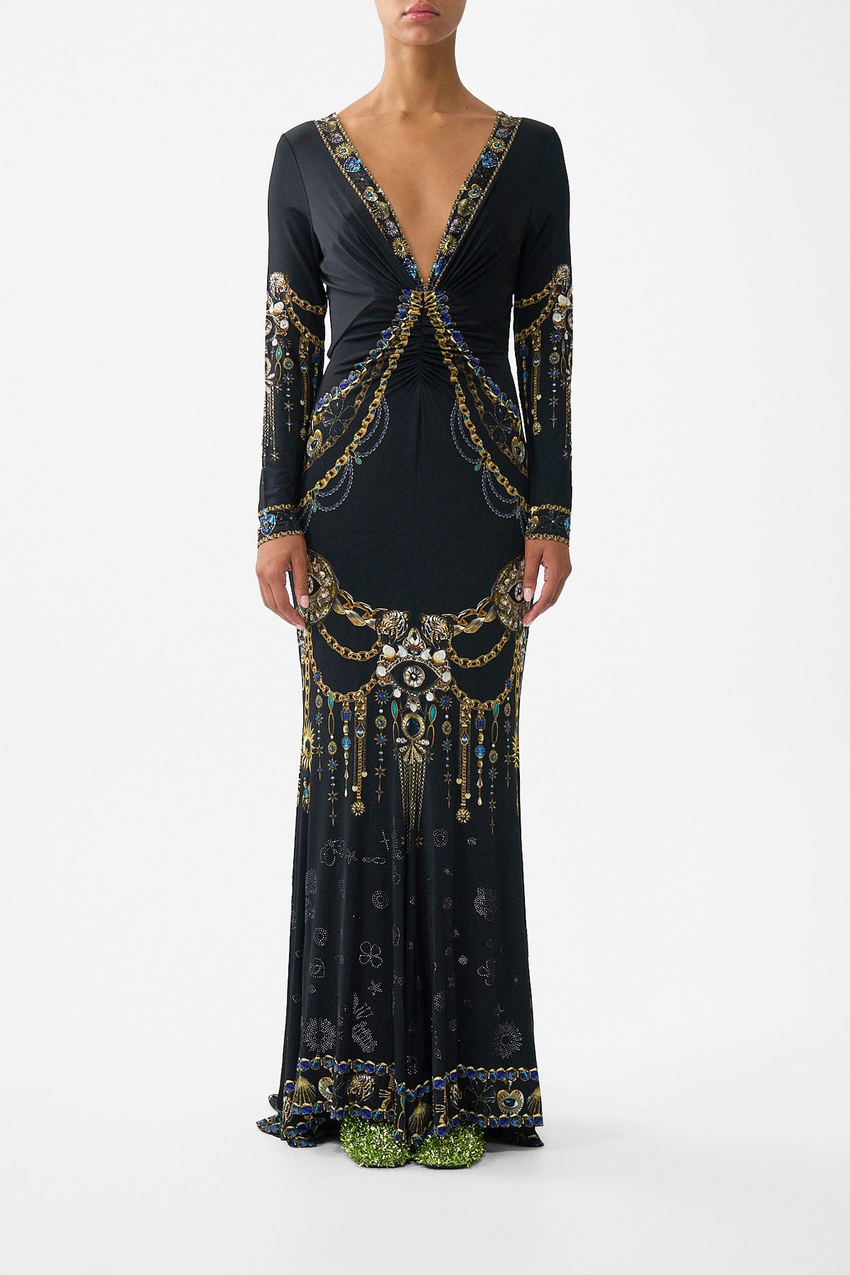 The CAMILLA long sleeve gathered dress with train from our print amulets and alchemy