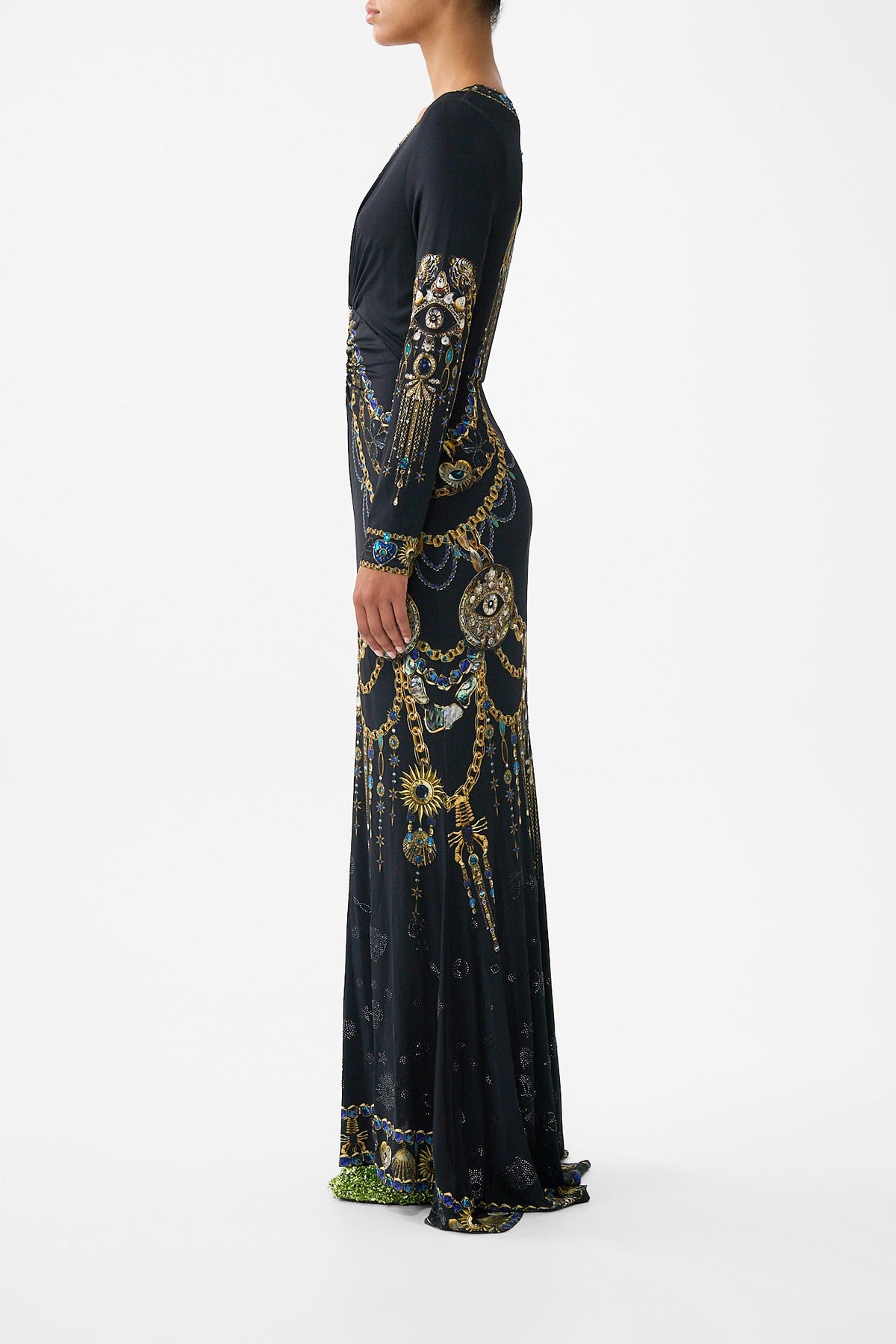 LONG SLEEVE GATHERED DRESS WITH TRAIN AMULETS AND ALCHEMY