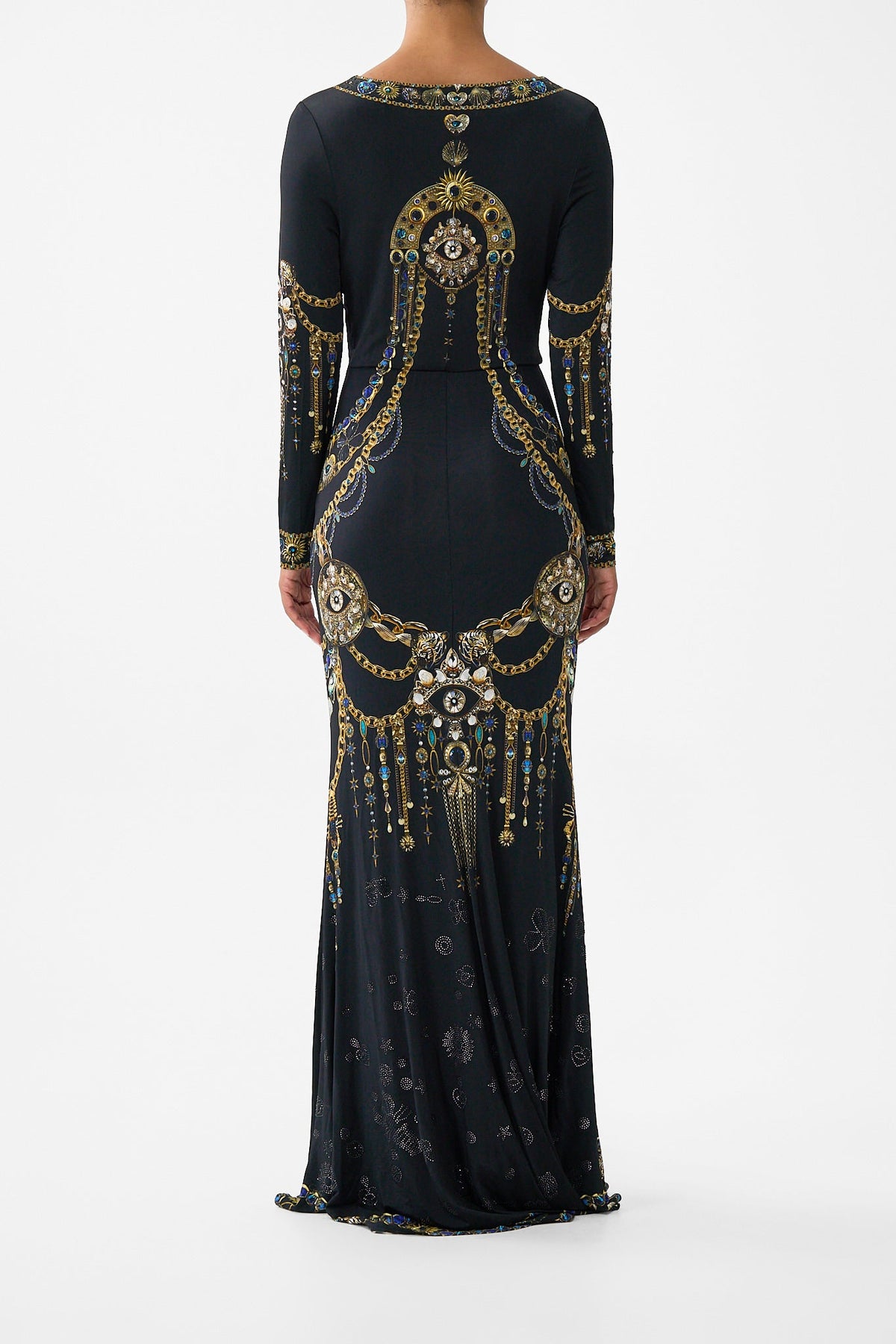 LONG SLEEVE GATHERED DRESS WITH TRAIN AMULETS AND ALCHEMY