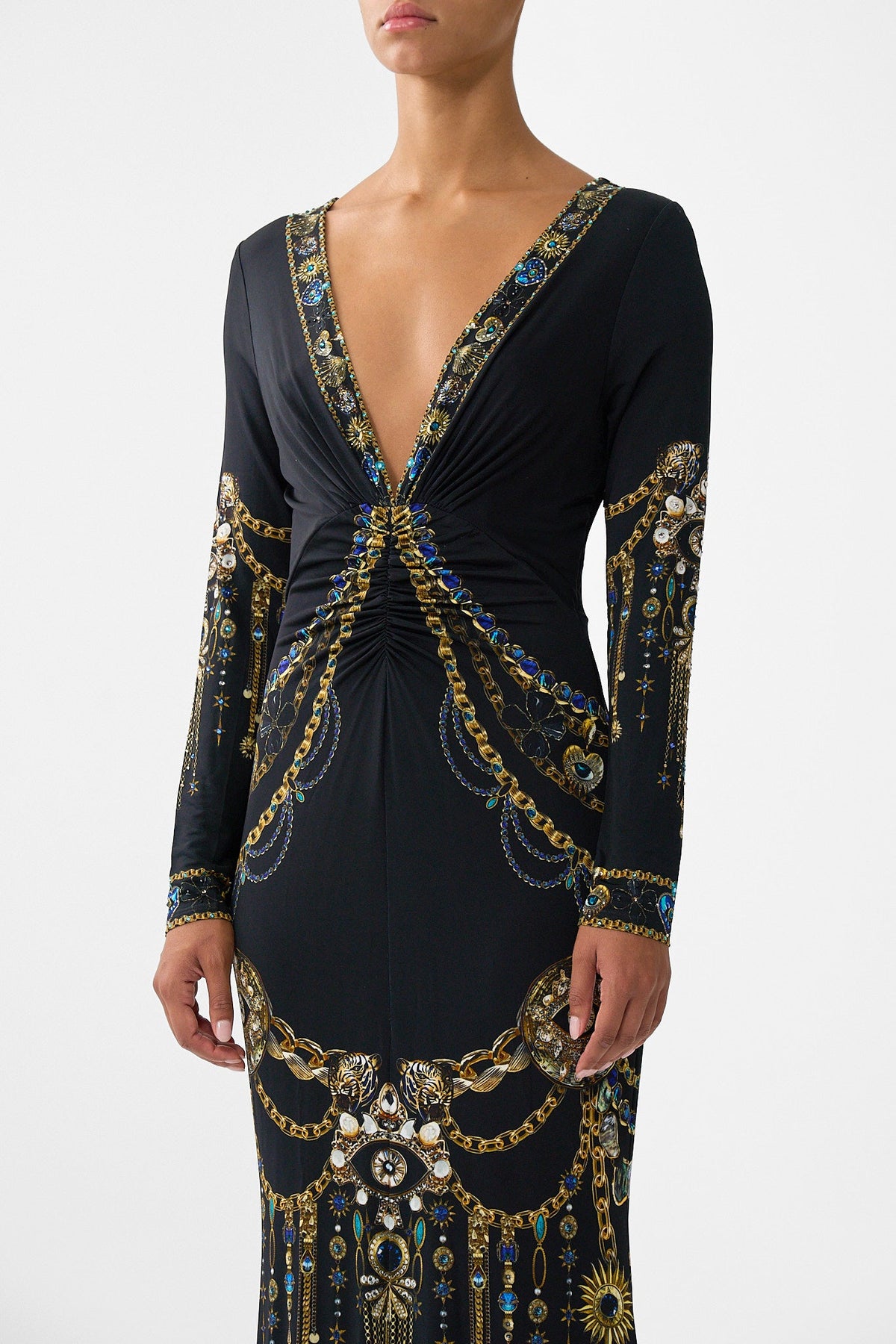 LONG SLEEVE GATHERED DRESS WITH TRAIN AMULETS AND ALCHEMY