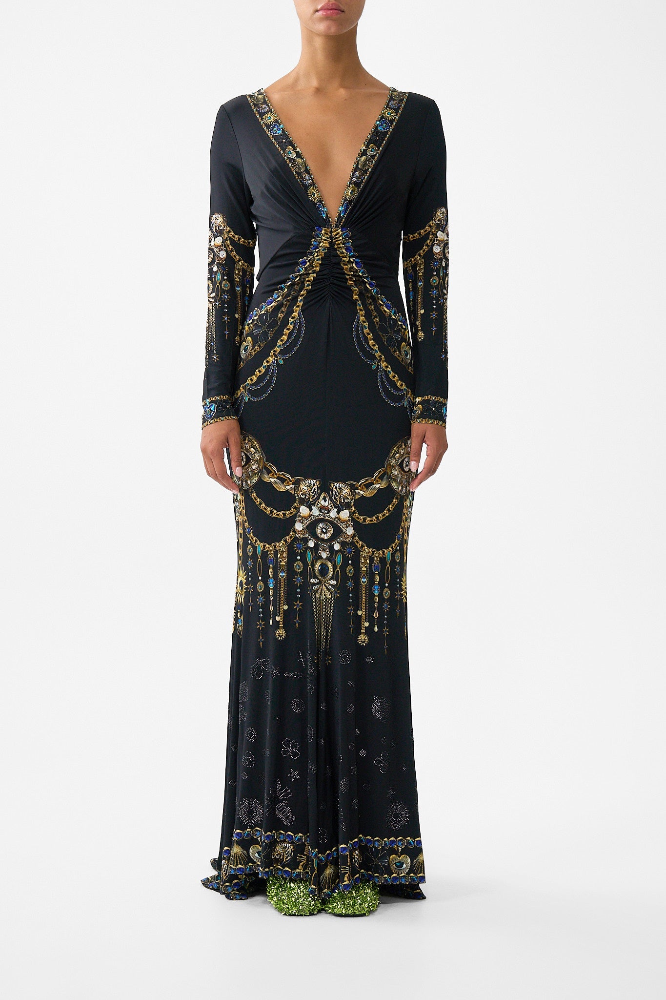 LONG SLEEVE GATHERED DRESS WITH TRAIN AMULETS AND ALCHEMY